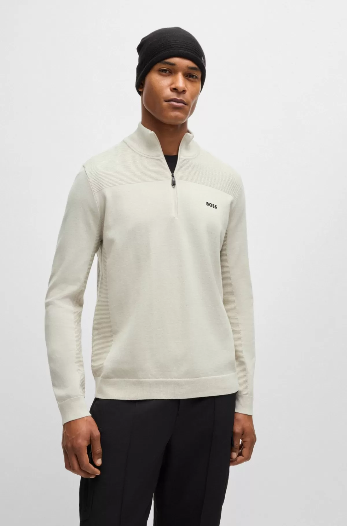 HUGO BOSS Brandet Sweater Med Lynlås I Halsen I Dry-flexstof Naturlig Discount