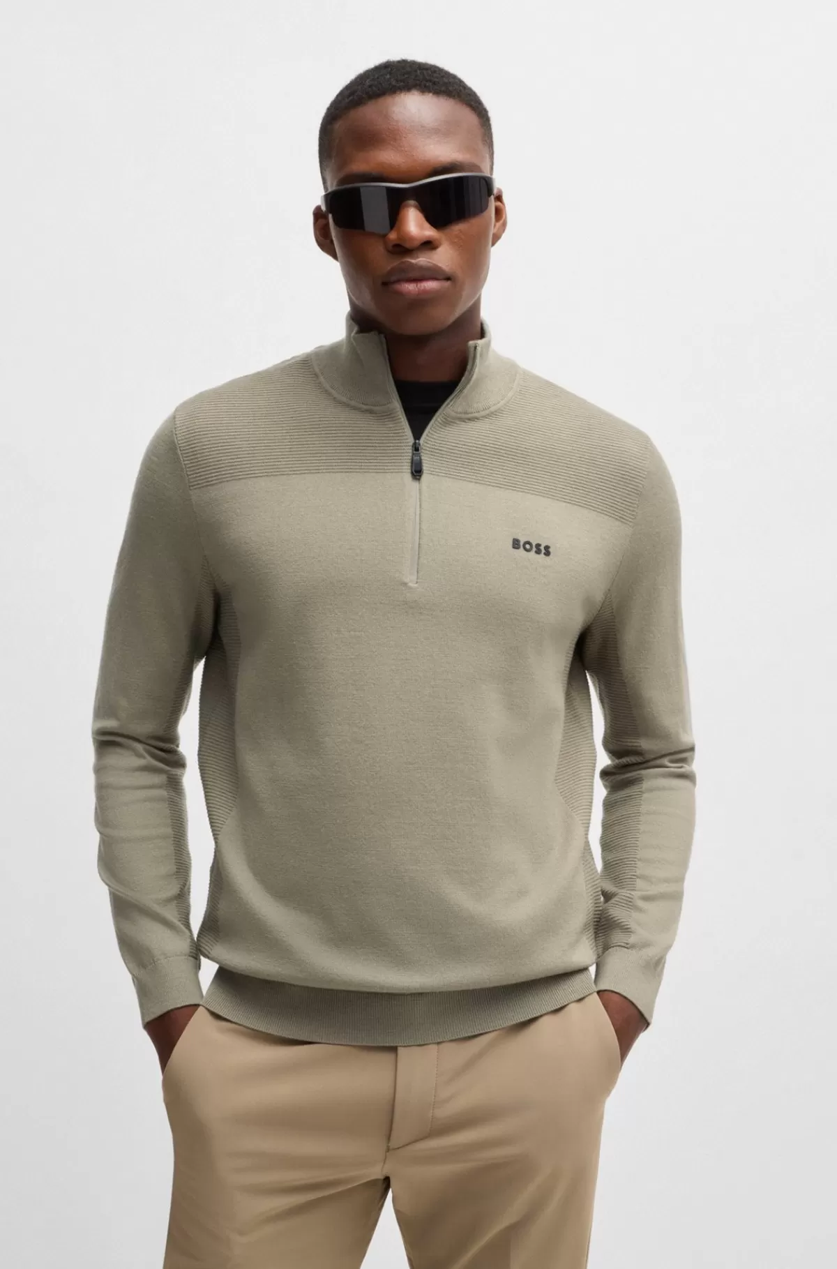 HUGO BOSS Brandet Sweater Med Lynlås I Halsen I Dry-flexstof Beige Outlet