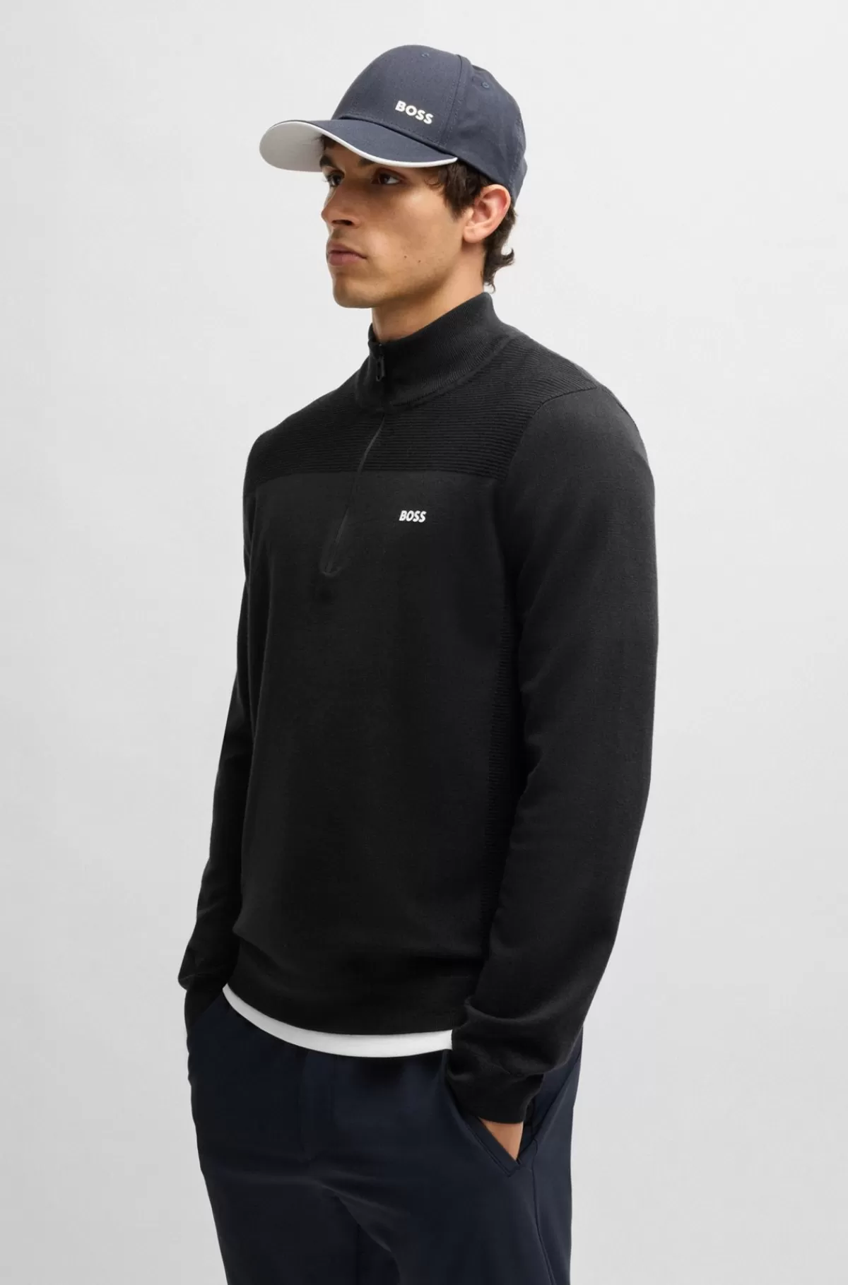 HUGO BOSS Brandet Sweater Med Lynlås I Halsen I Dry-flexstof Mørkeblå New