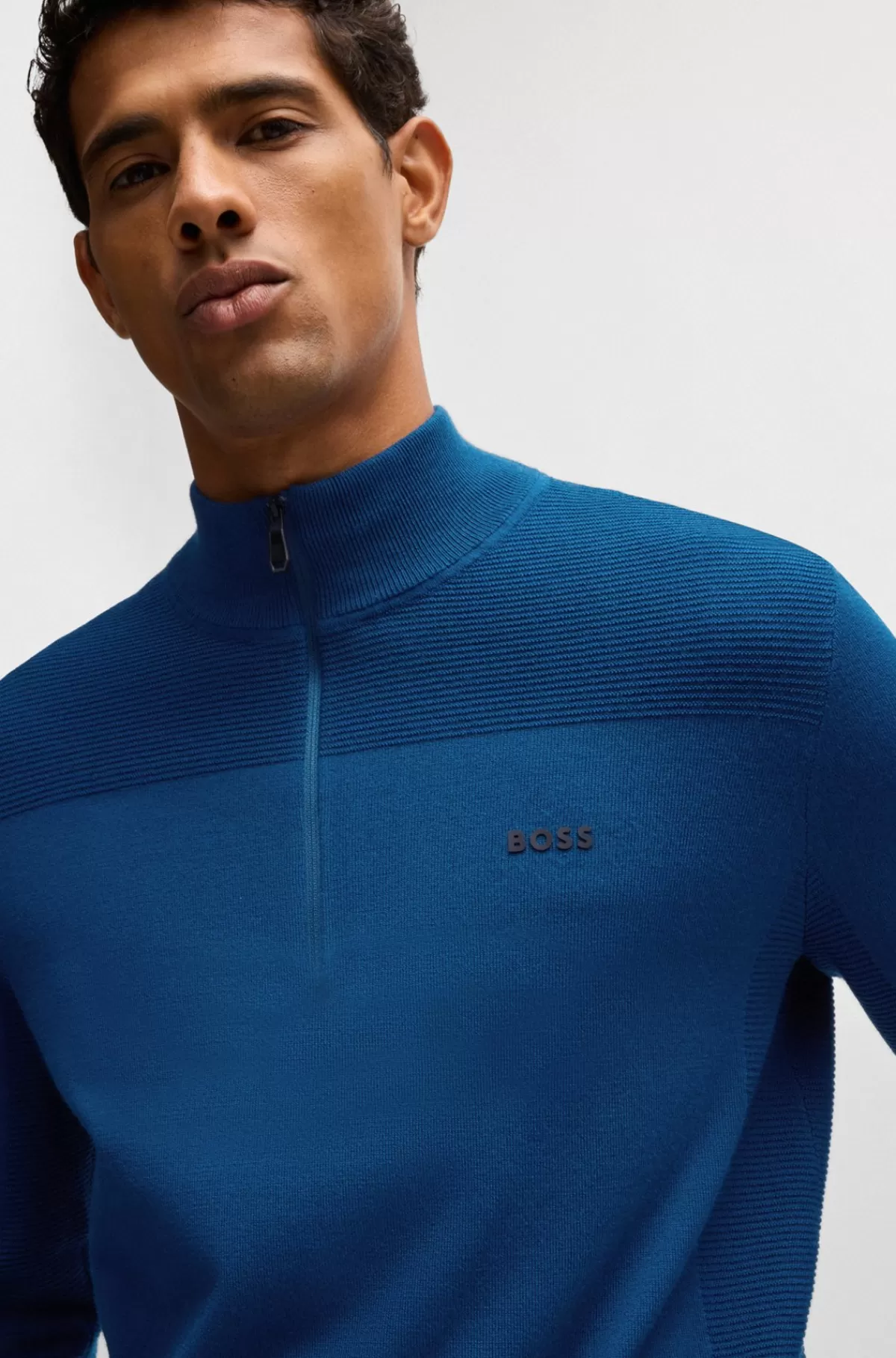 HUGO BOSS Brandet Sweater Med Lynlås I Halsen I Dry-flexstof Mørkeblå Best Sale