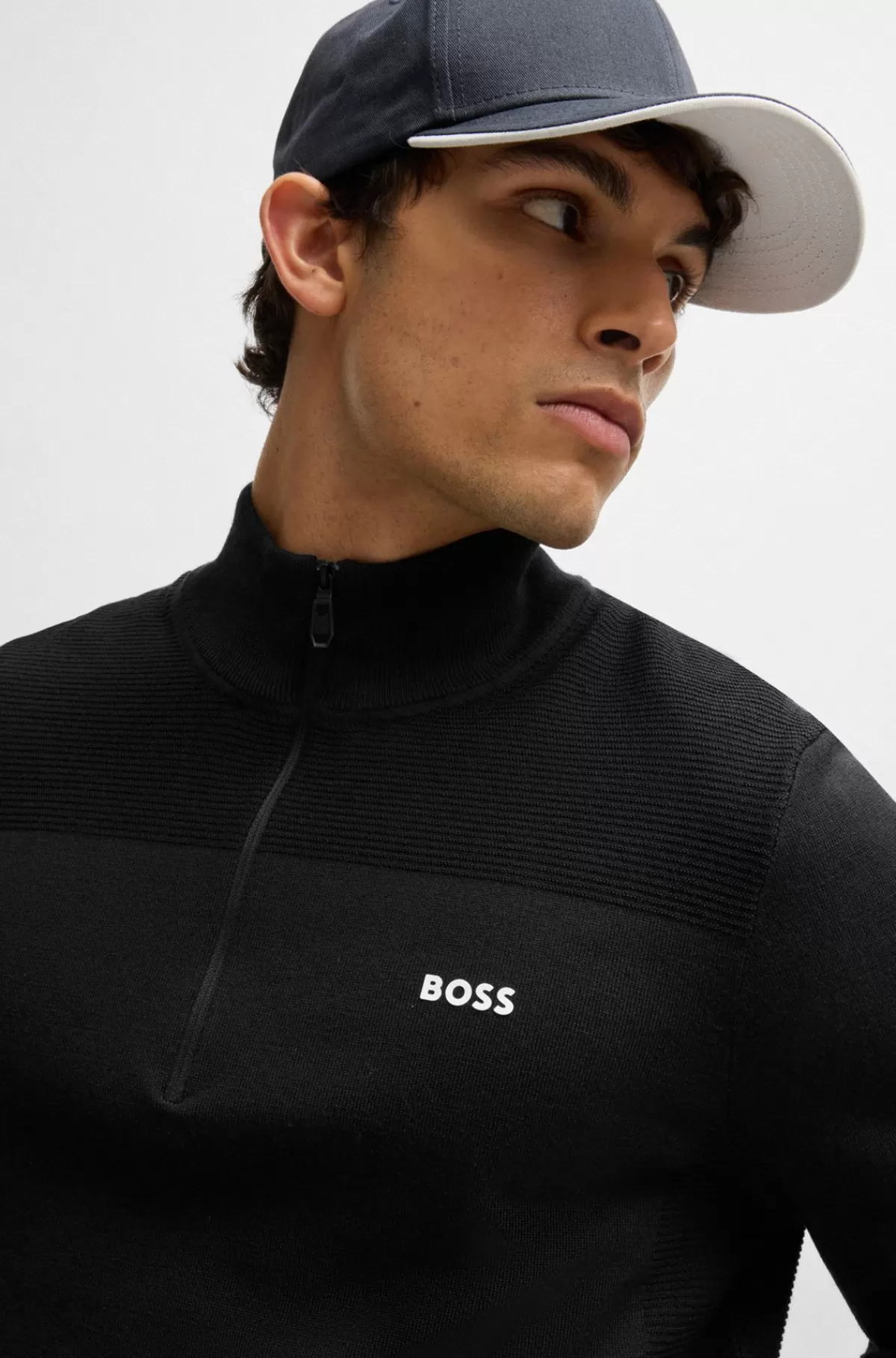 HUGO BOSS Brandet Sweater Med Lynlås I Halsen I Dry-flexstof Mørkeblå New