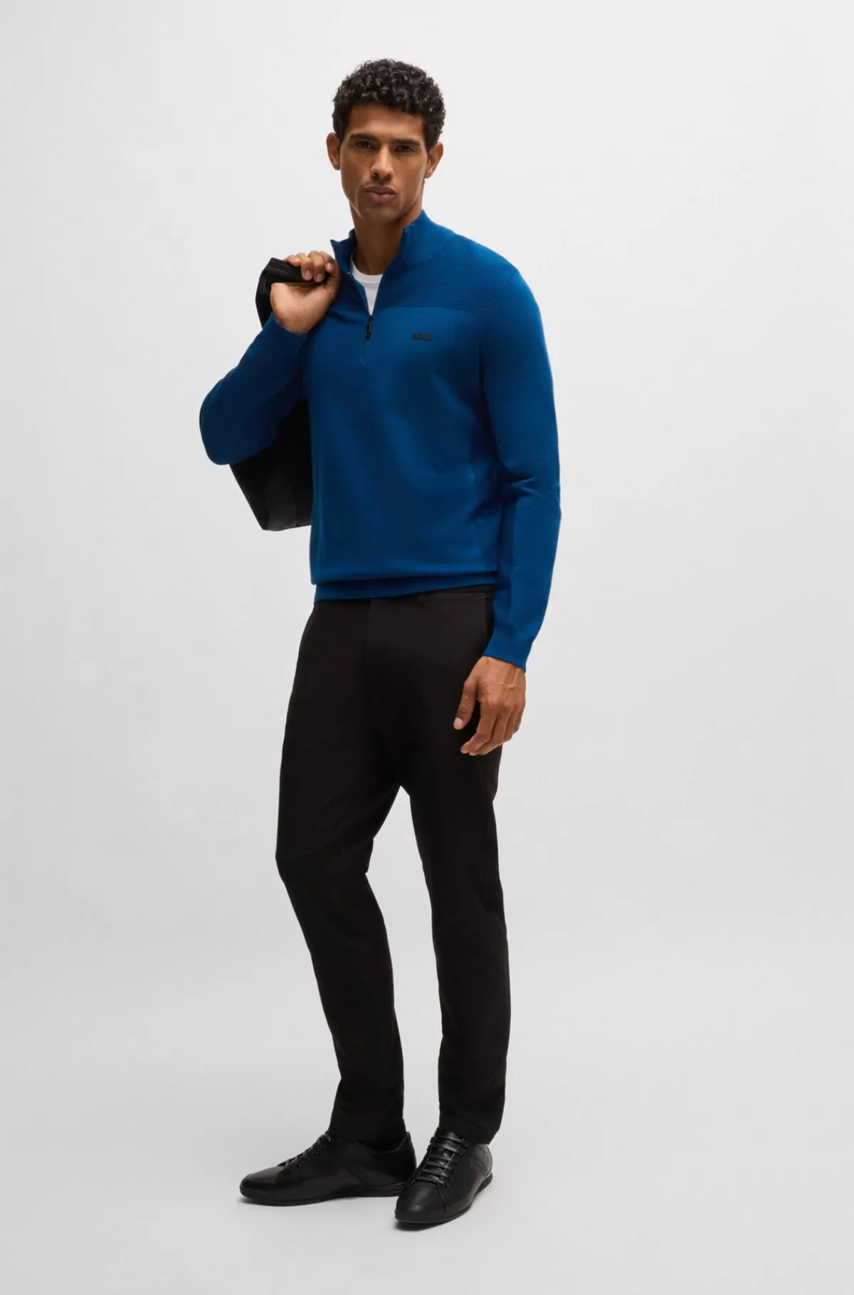 HUGO BOSS Brandet Sweater Med Lynlås I Halsen I Dry-flexstof Mørkeblå Best Sale