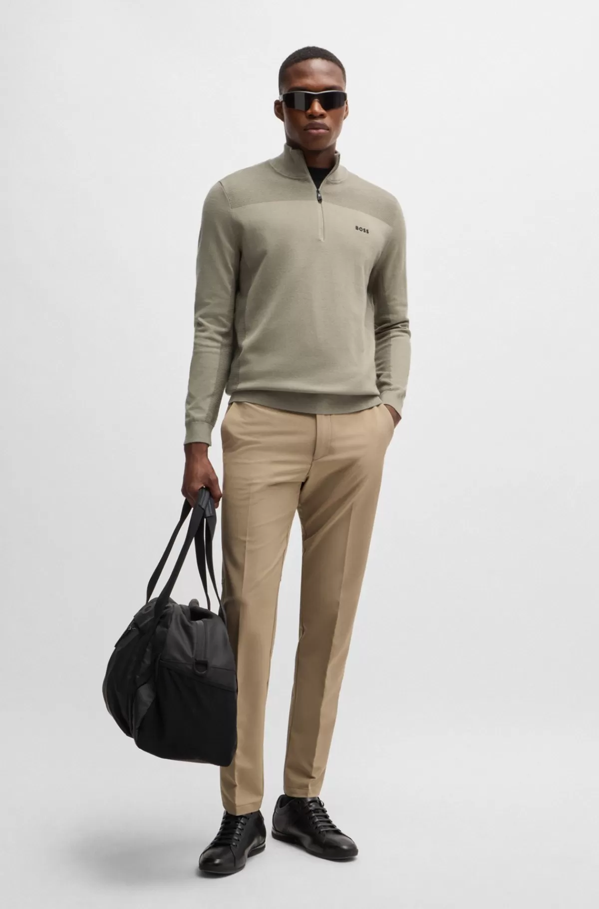 HUGO BOSS Brandet Sweater Med Lynlås I Halsen I Dry-flexstof Beige Outlet