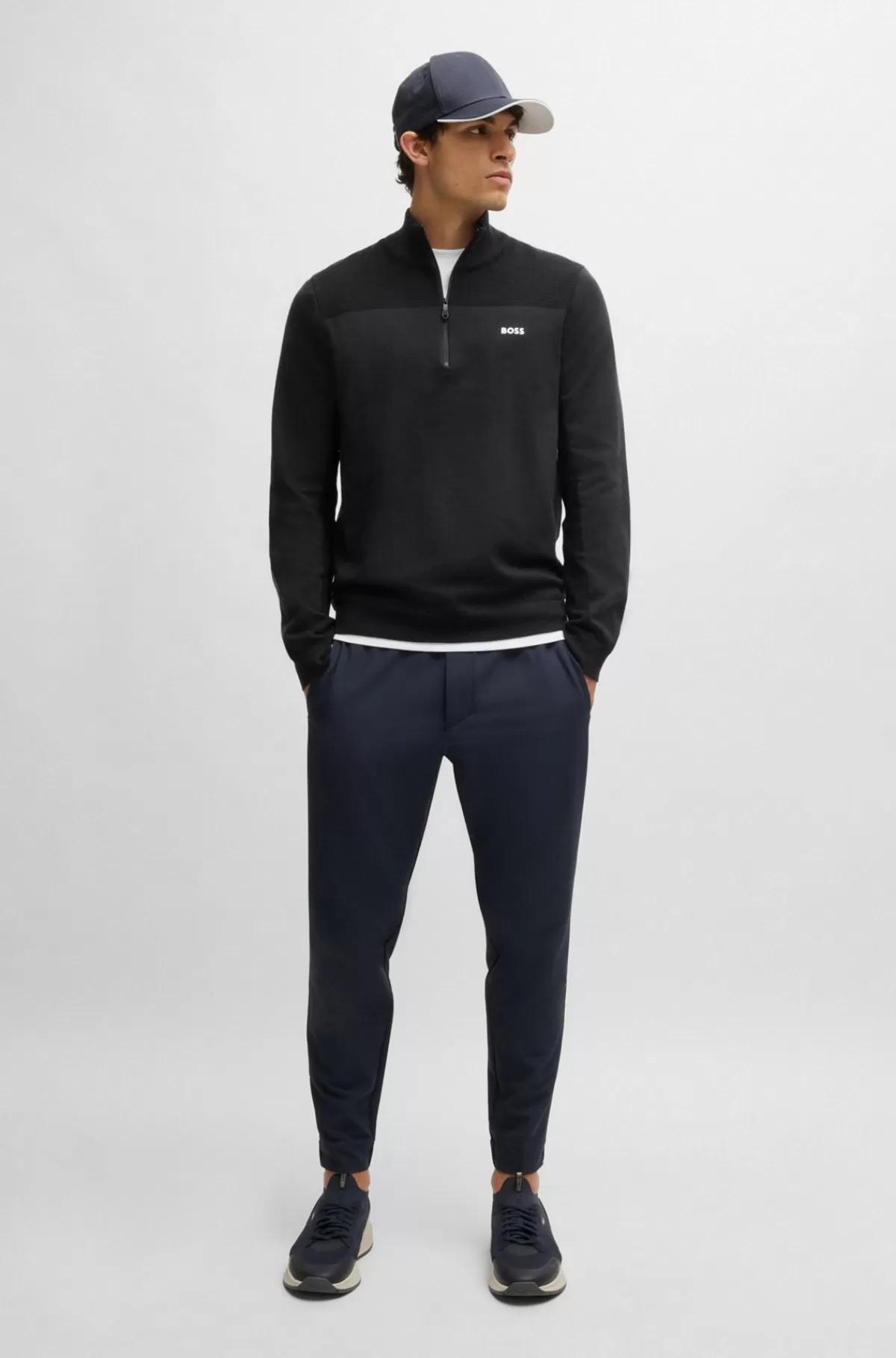 HUGO BOSS Brandet Sweater Med Lynlås I Halsen I Dry-flexstof Mørkeblå New