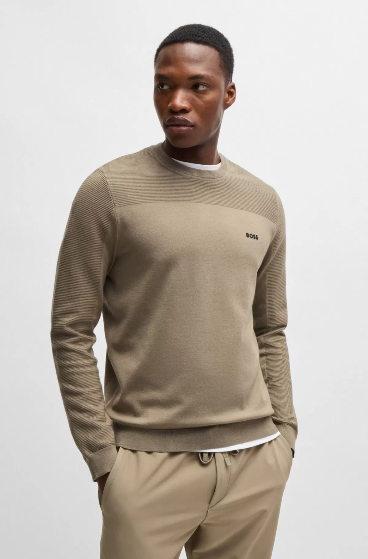 HUGO BOSS Brandet Sweater Med Rund Hals I Dry-flexstof Beige Store