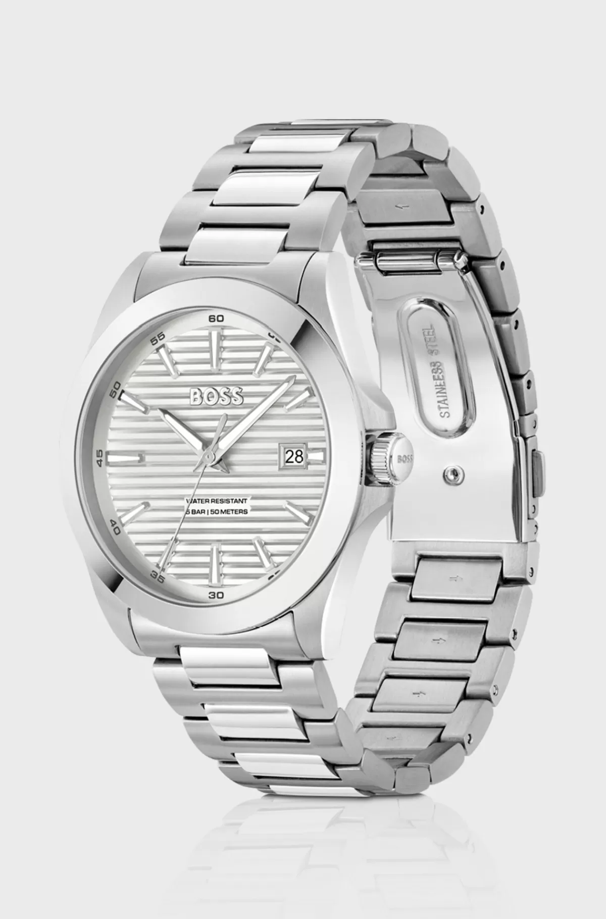 HUGO BOSS Brushed-and-polished Stainless-steel Watch With Grooved Dial Sølv Cheap