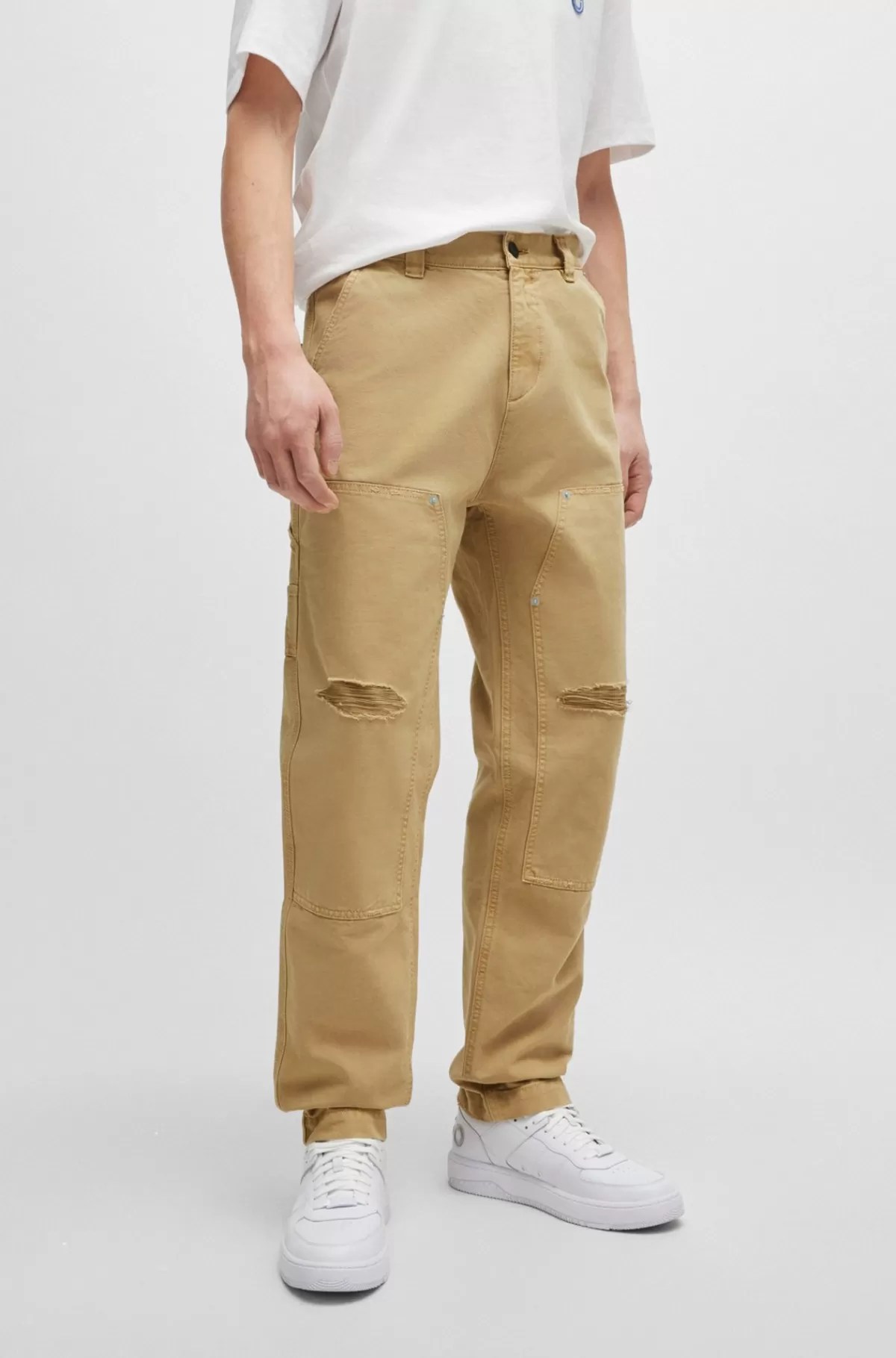 HUGO BOSS Bukser I Bomuldskanvas Med Slidte Detaljer Beige Flash Sale