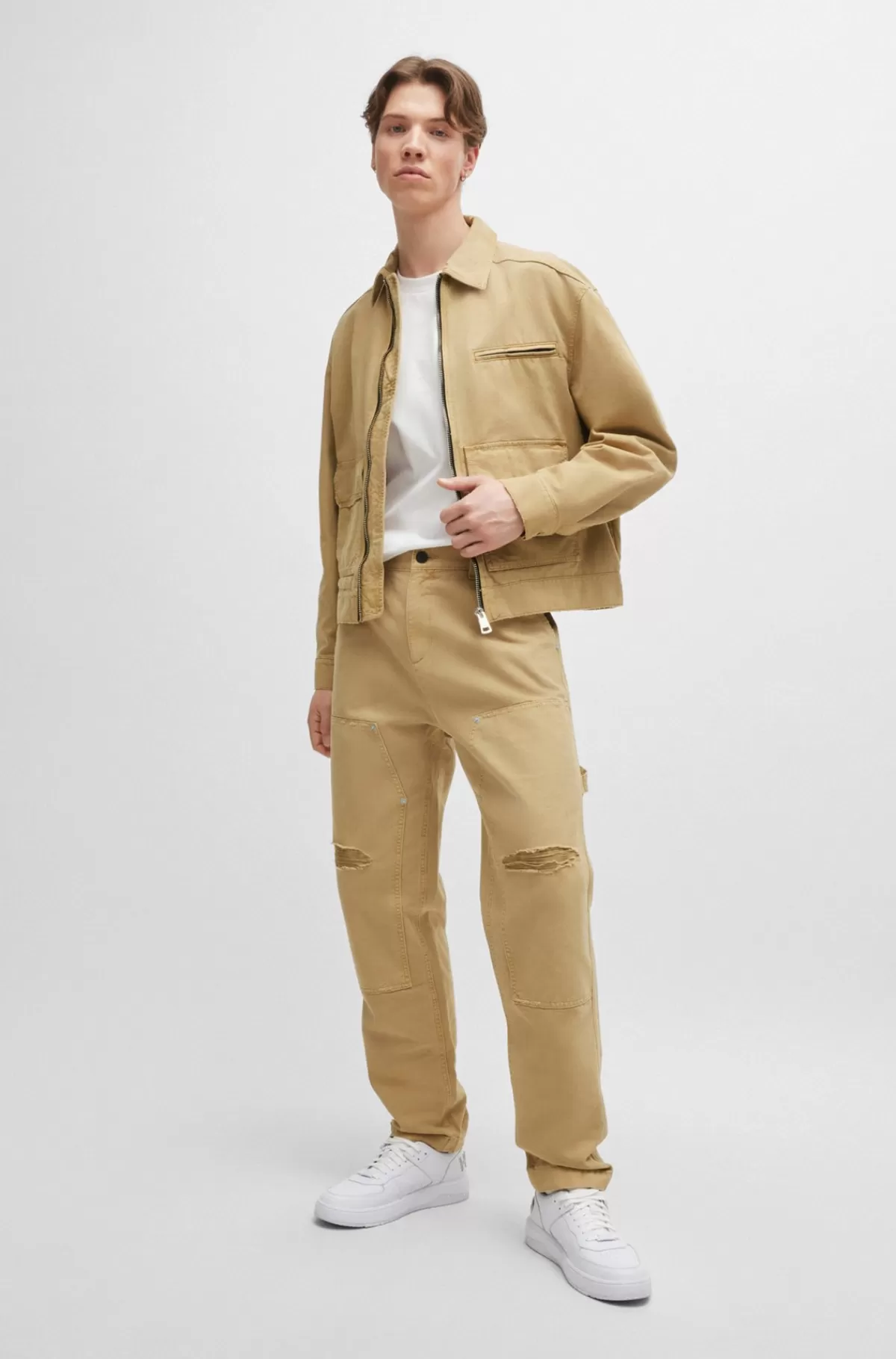 HUGO BOSS Bukser I Bomuldskanvas Med Slidte Detaljer Beige Flash Sale