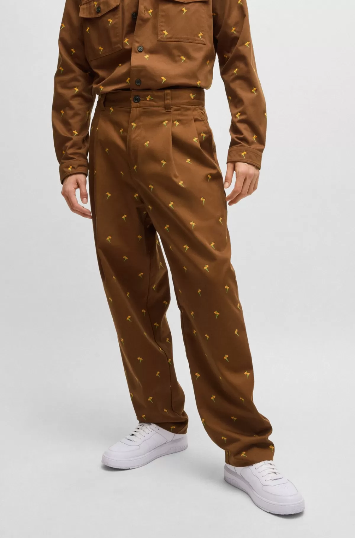 HUGO BOSS Bukser Med Læg I Blomstret Twill Brun Store