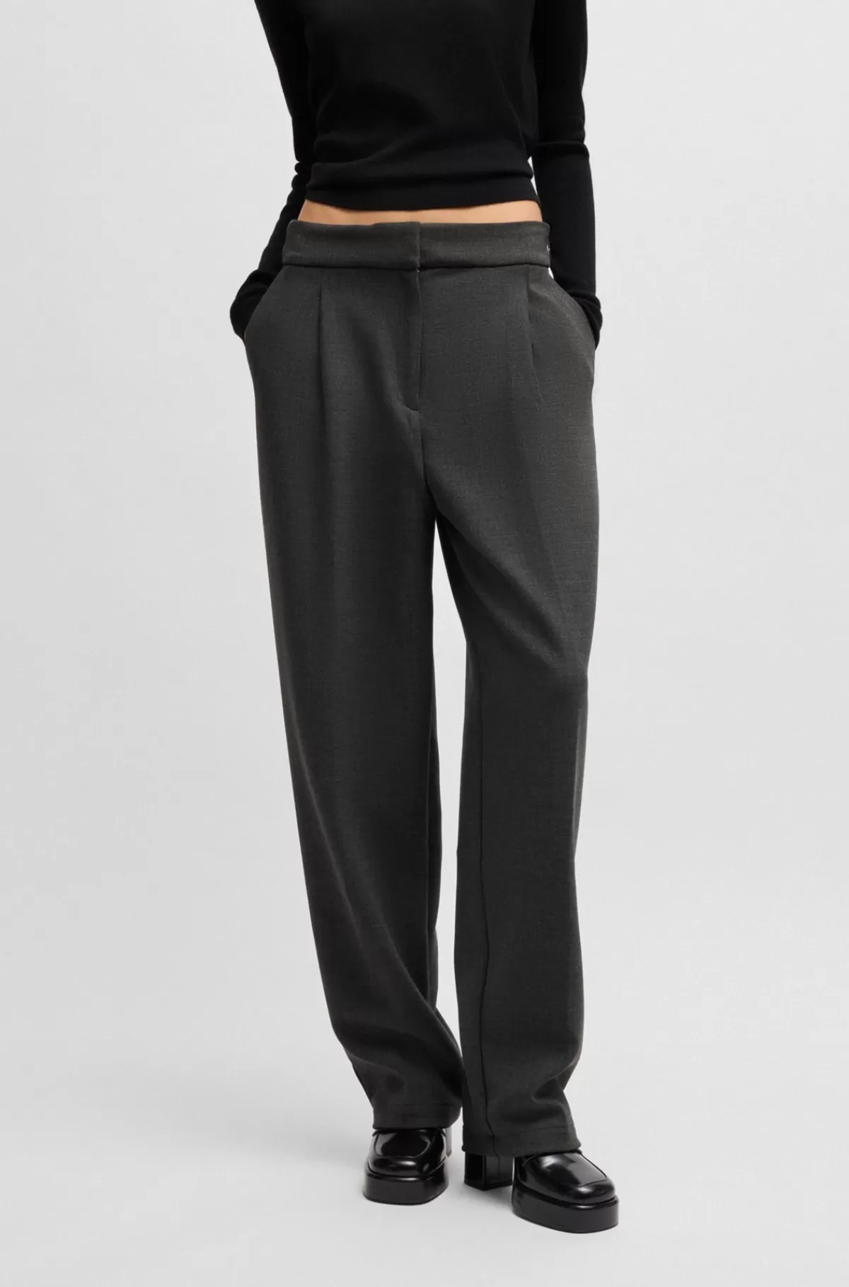 HUGO BOSS Bukser Med Regular Fit I Materiale Med Stræk Og Signaturspænde Mørkegrå Clearance