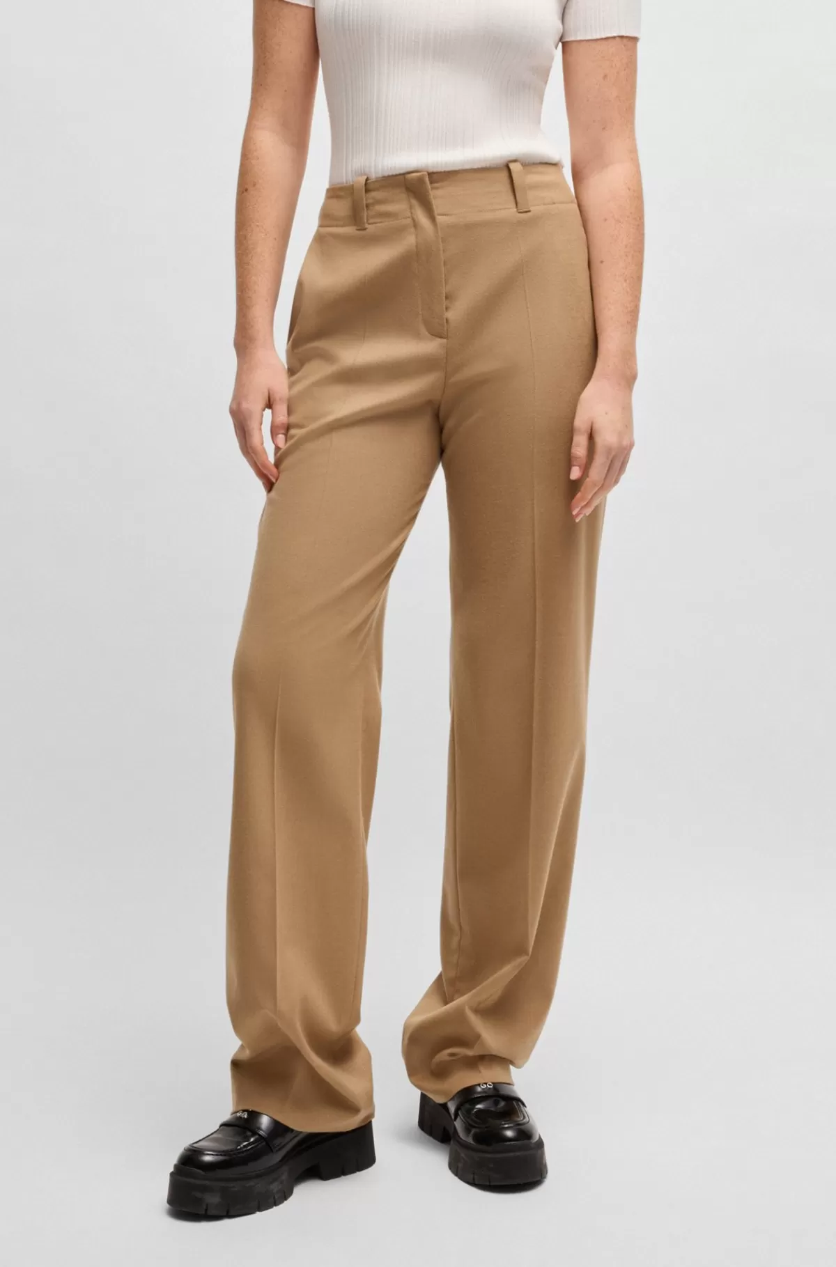 HUGO BOSS Bukser Med Regular Fit Og Brede Ben I Meleret Flannel Beige Outlet