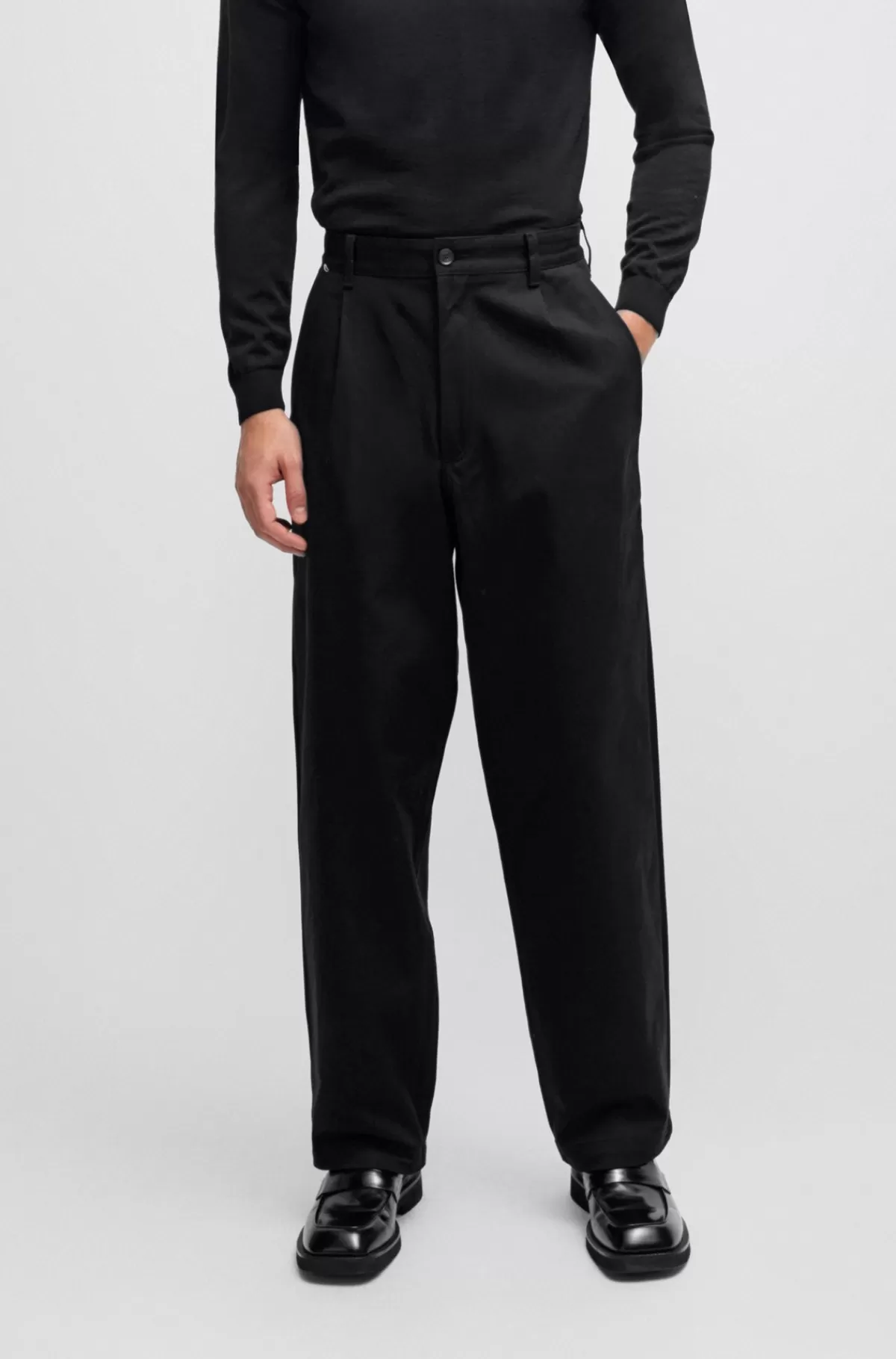 HUGO BOSS Bukser Med Relaxed Fit I Bomuldstwill Med Stræk Sort New