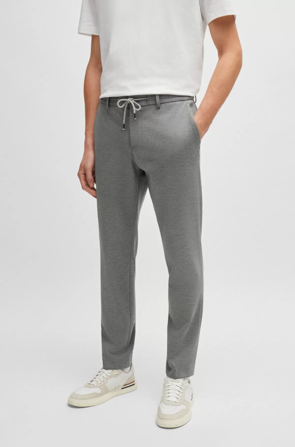 HUGO BOSS Bukser Med Slim Fit I Meleret Jersey Med Stræk Sølv Outlet