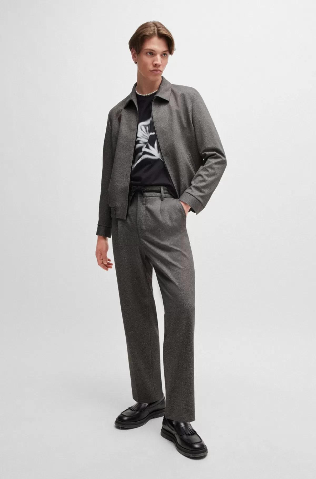HUGO BOSS Bukser Med Slim Fit I Mønstret Jersey Med Performance-stræk Mørkebrun Outlet