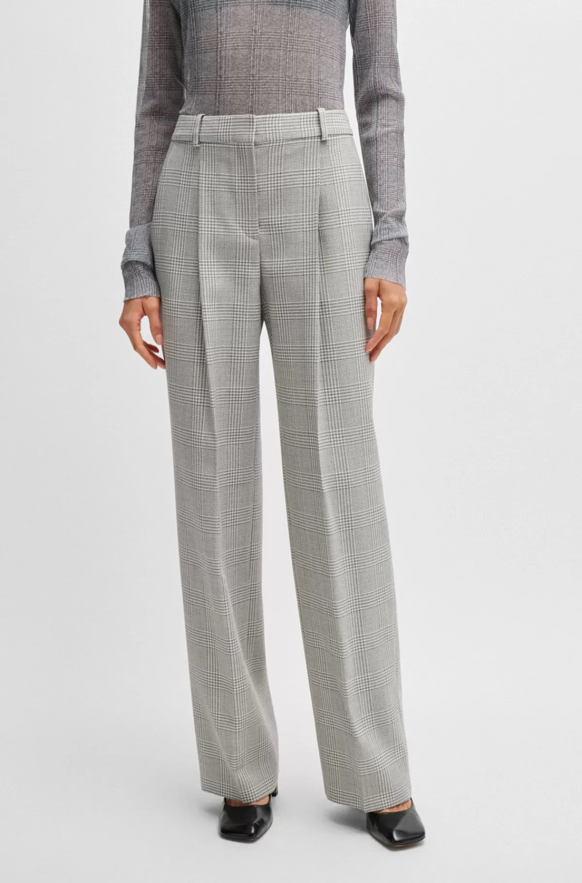 HUGO BOSS Bukser Med Straight Fit I Prince Of Wales-ternet Ny Uld Grå mønstret Clearance