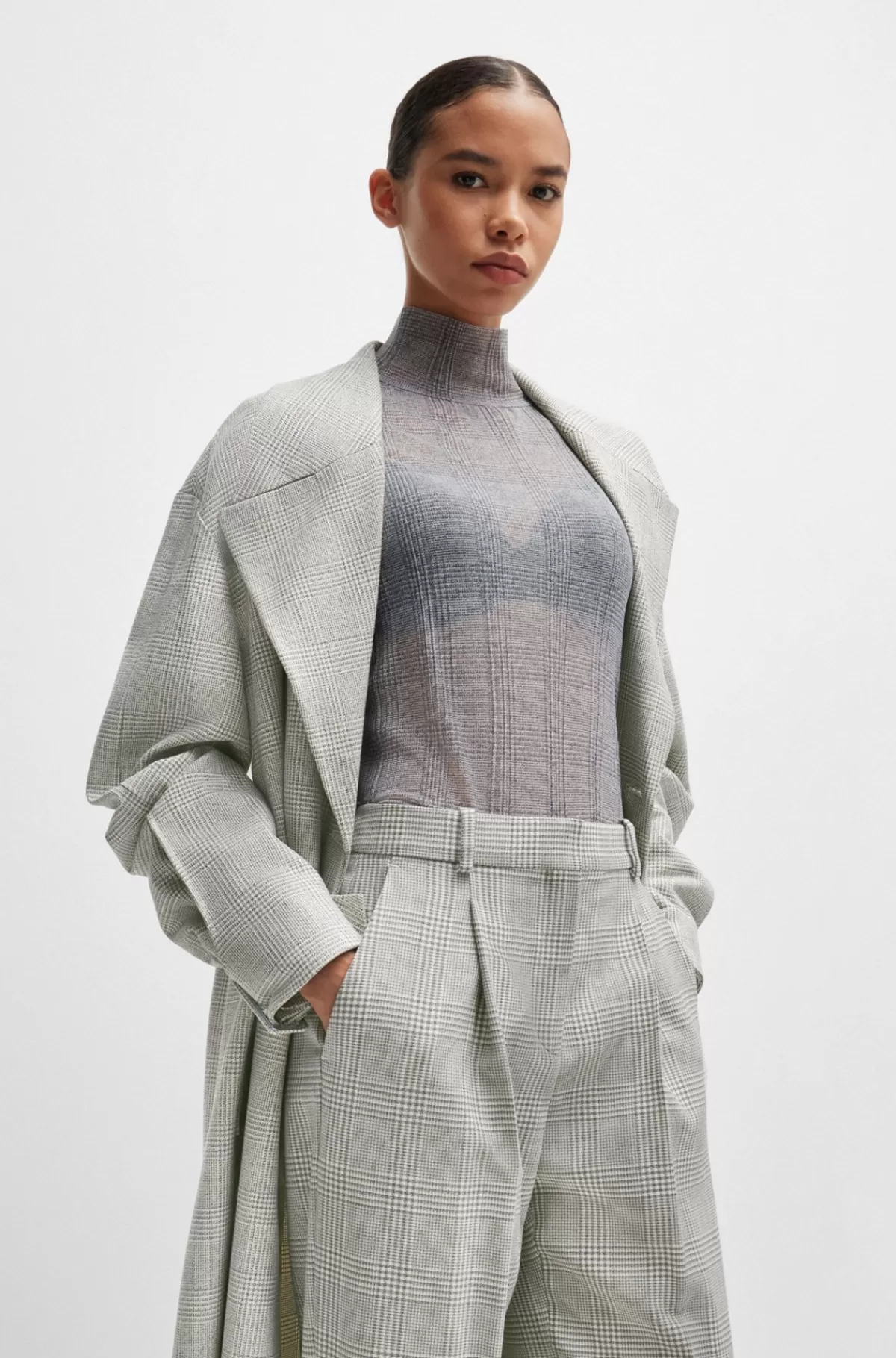 HUGO BOSS Bukser Med Straight Fit I Prince Of Wales-ternet Ny Uld Grå mønstret Clearance