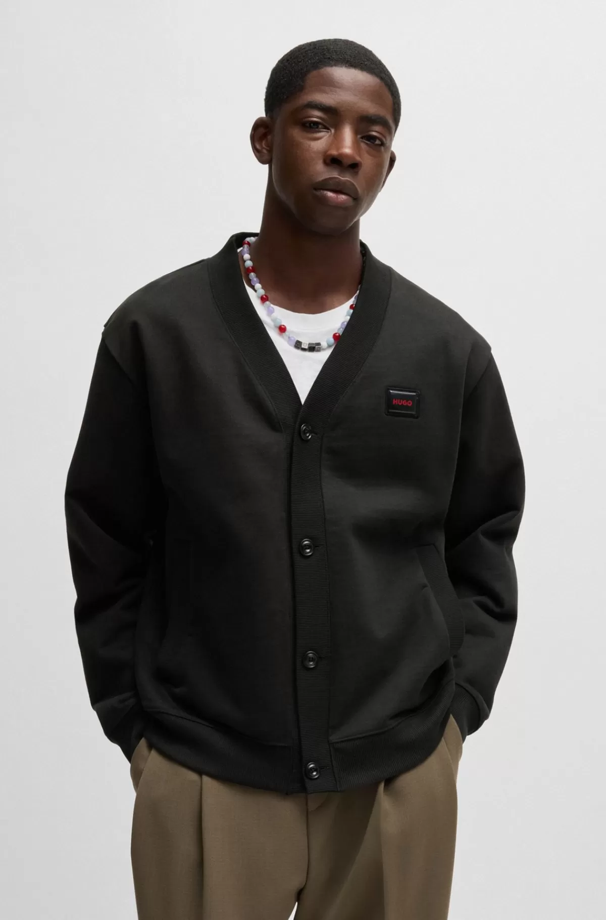 HUGO BOSS Cardigan Af Sweatkvalitet Af Bomuld Med Relaxed Fit Og Gummilogo Sort Discount