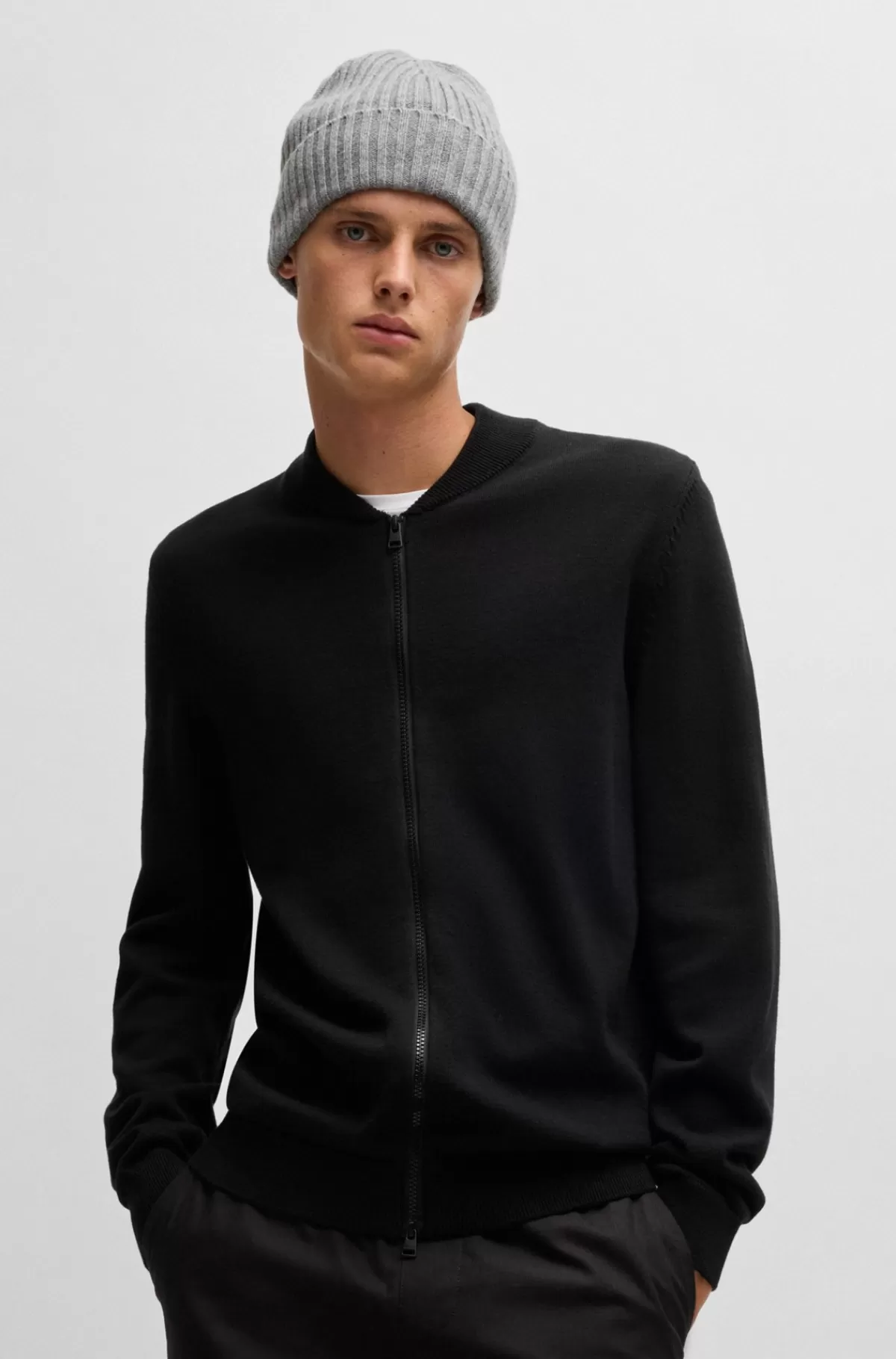 HUGO BOSS Cardigan I Bomberjakkestil I Strikket Bomuld Med Rødt Logomærkat Sort Hot