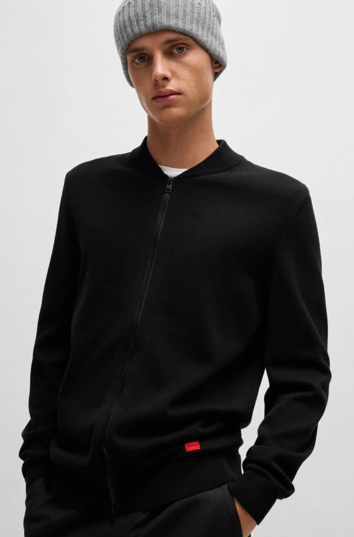 HUGO BOSS Cardigan I Bomberjakkestil I Strikket Bomuld Med Rødt Logomærkat Sort Hot