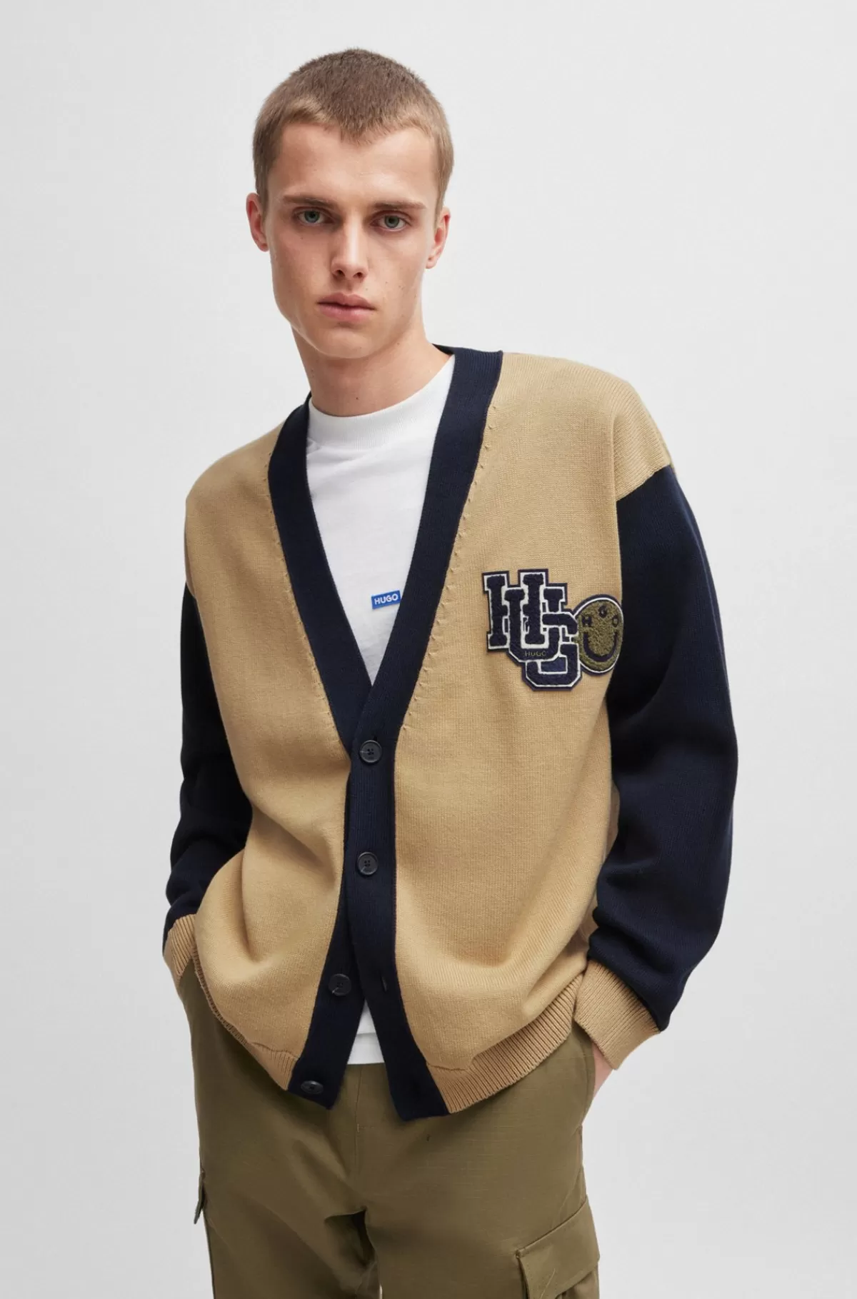 HUGO BOSS Cardigan I Bomuld Med Colour Blocking Og Varsity-branding Blå / Beige Cheap