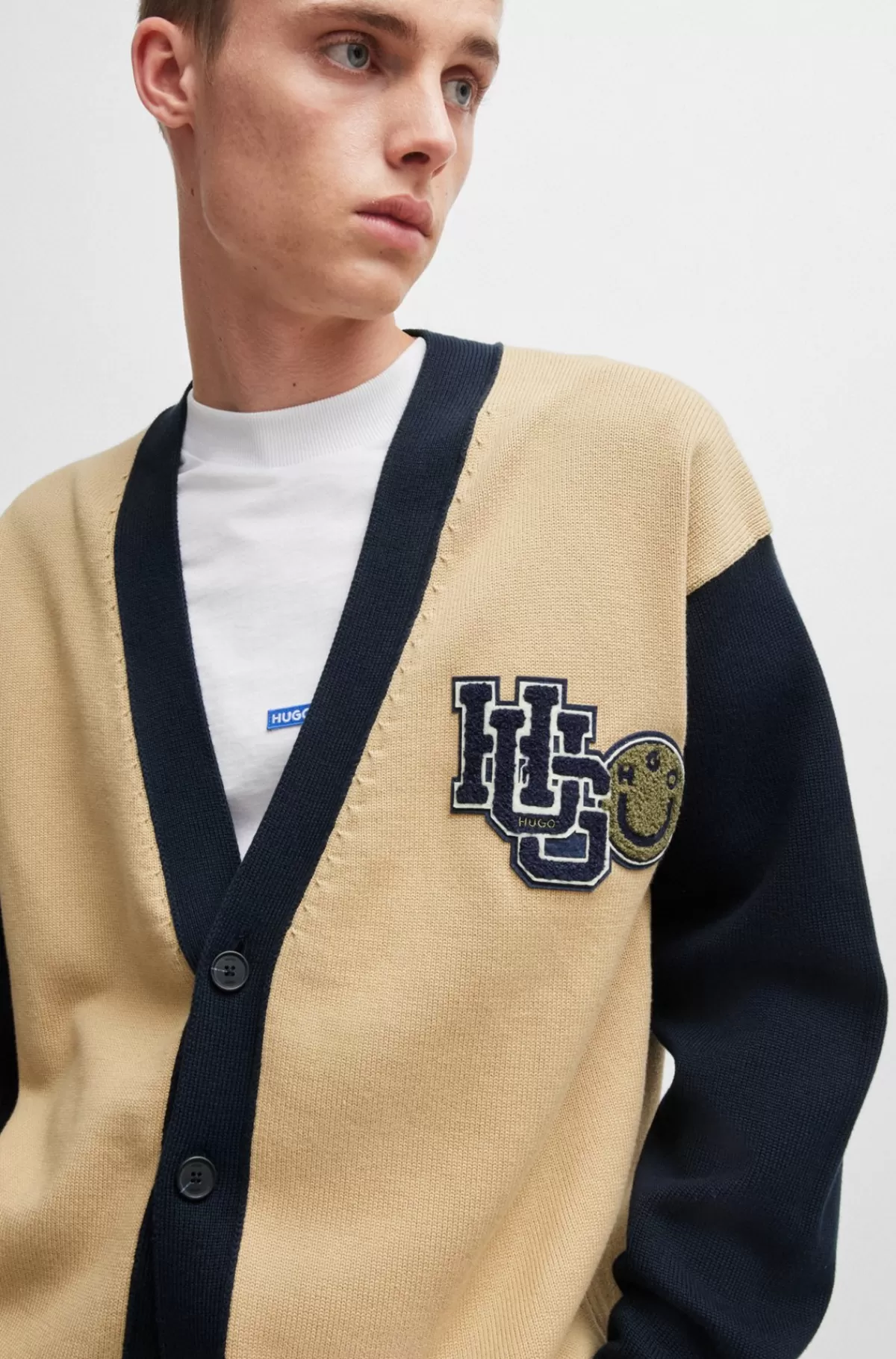 HUGO BOSS Cardigan I Bomuld Med Colour Blocking Og Varsity-branding Blå / Beige Cheap