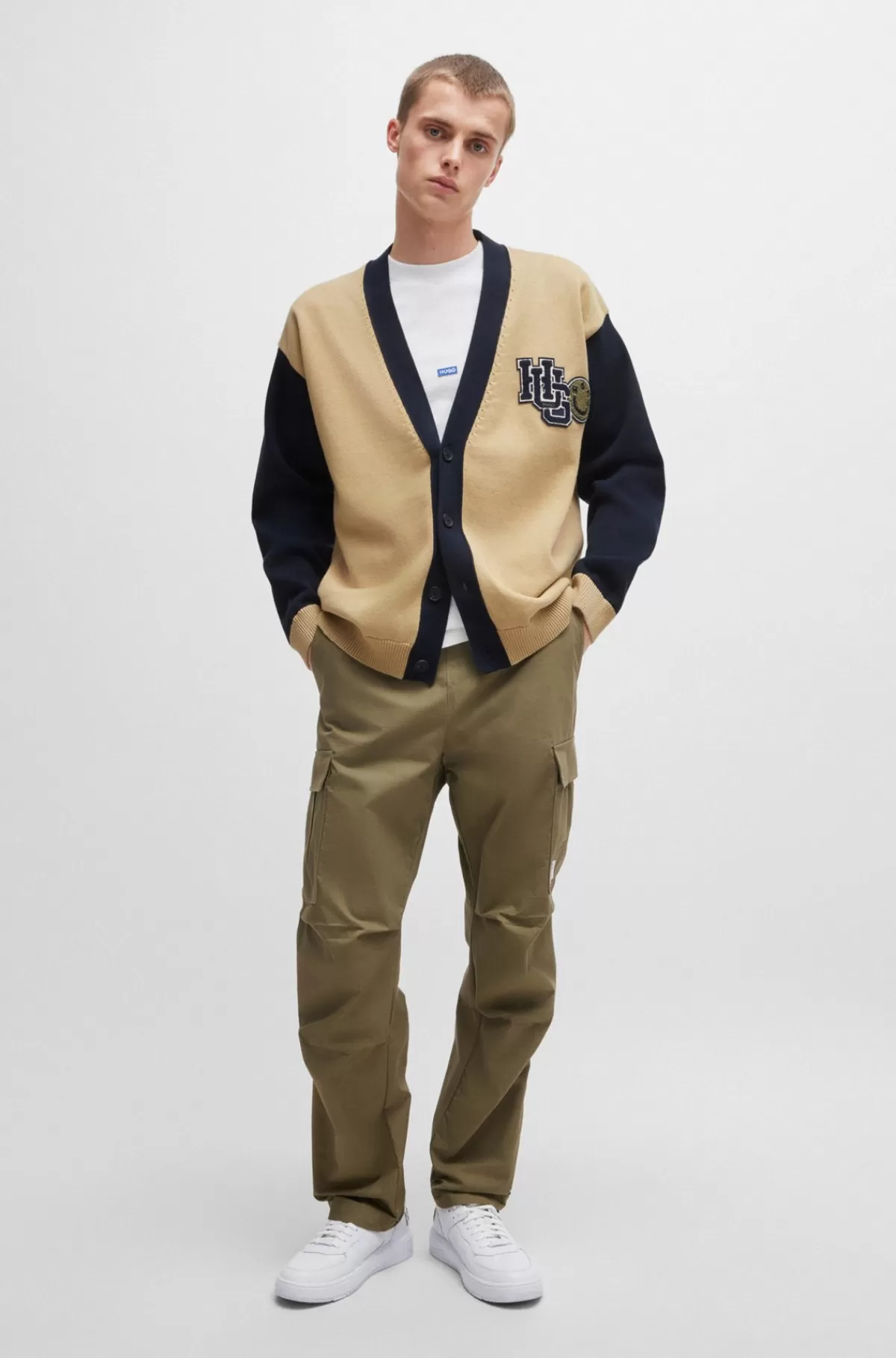 HUGO BOSS Cardigan I Bomuld Med Colour Blocking Og Varsity-branding Blå / Beige Cheap