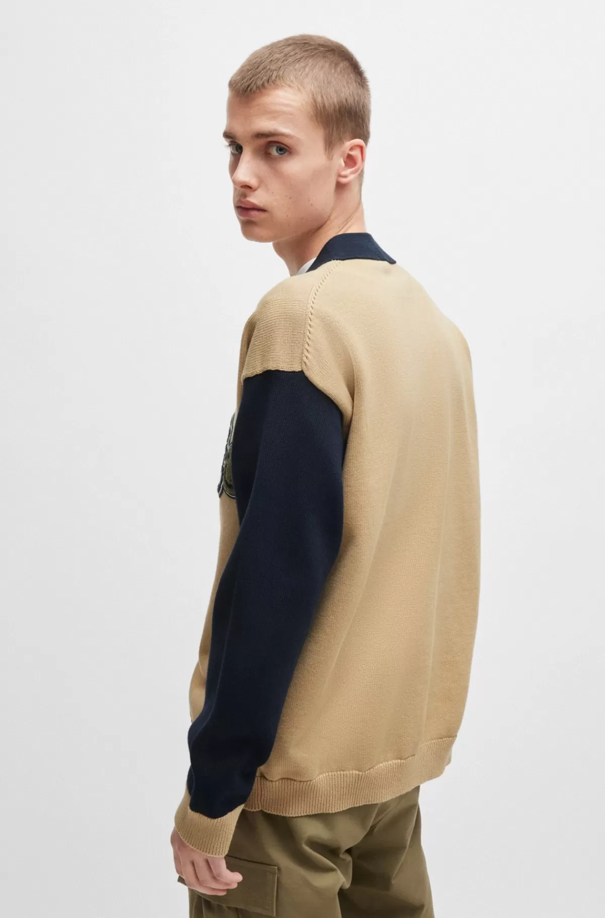 HUGO BOSS Cardigan I Bomuld Med Colour Blocking Og Varsity-branding Blå / Beige Cheap