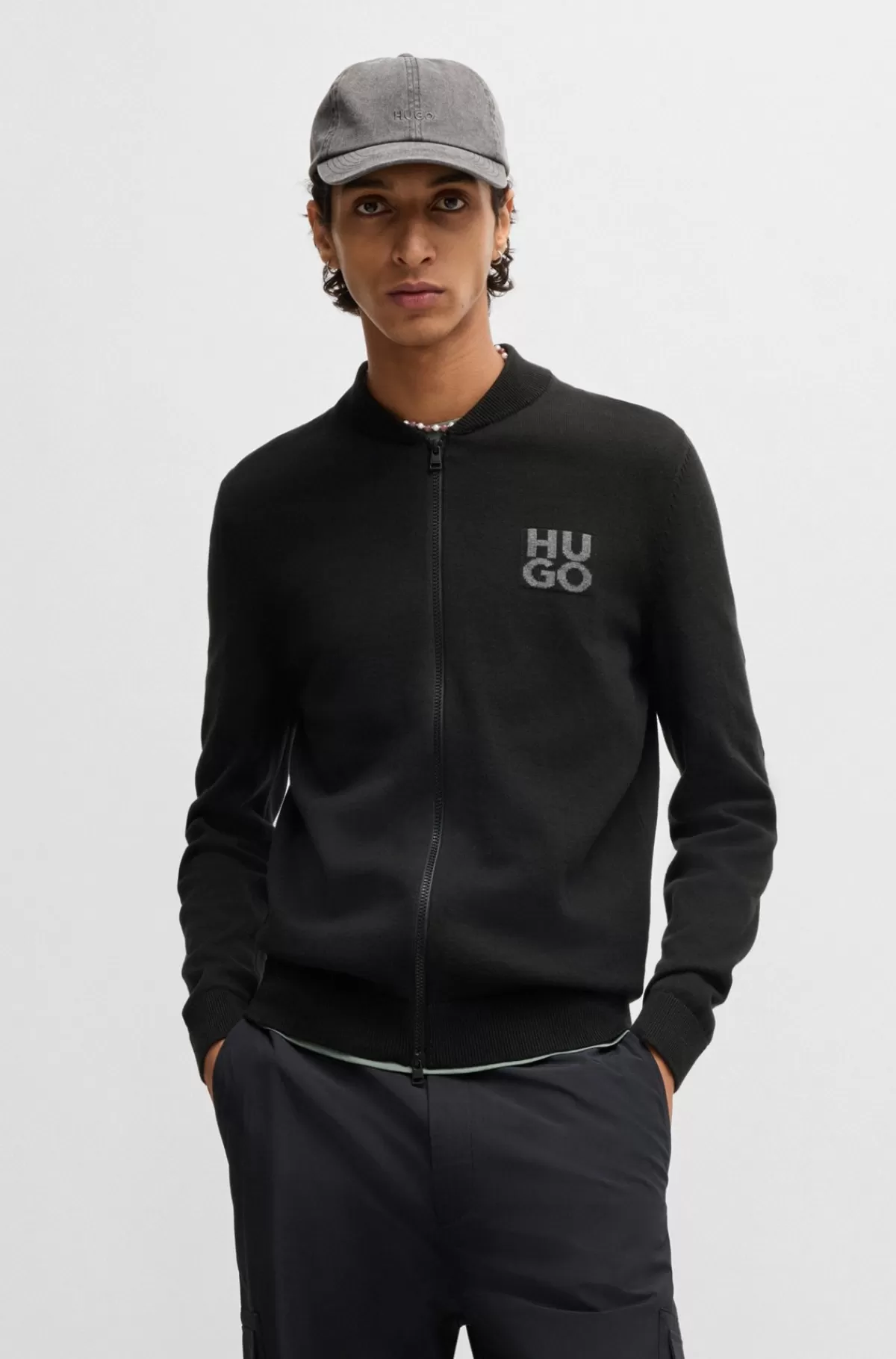 HUGO BOSS Cardigan I Bomuld Med Lynlås Og Stablet Logo Sort Flash Sale