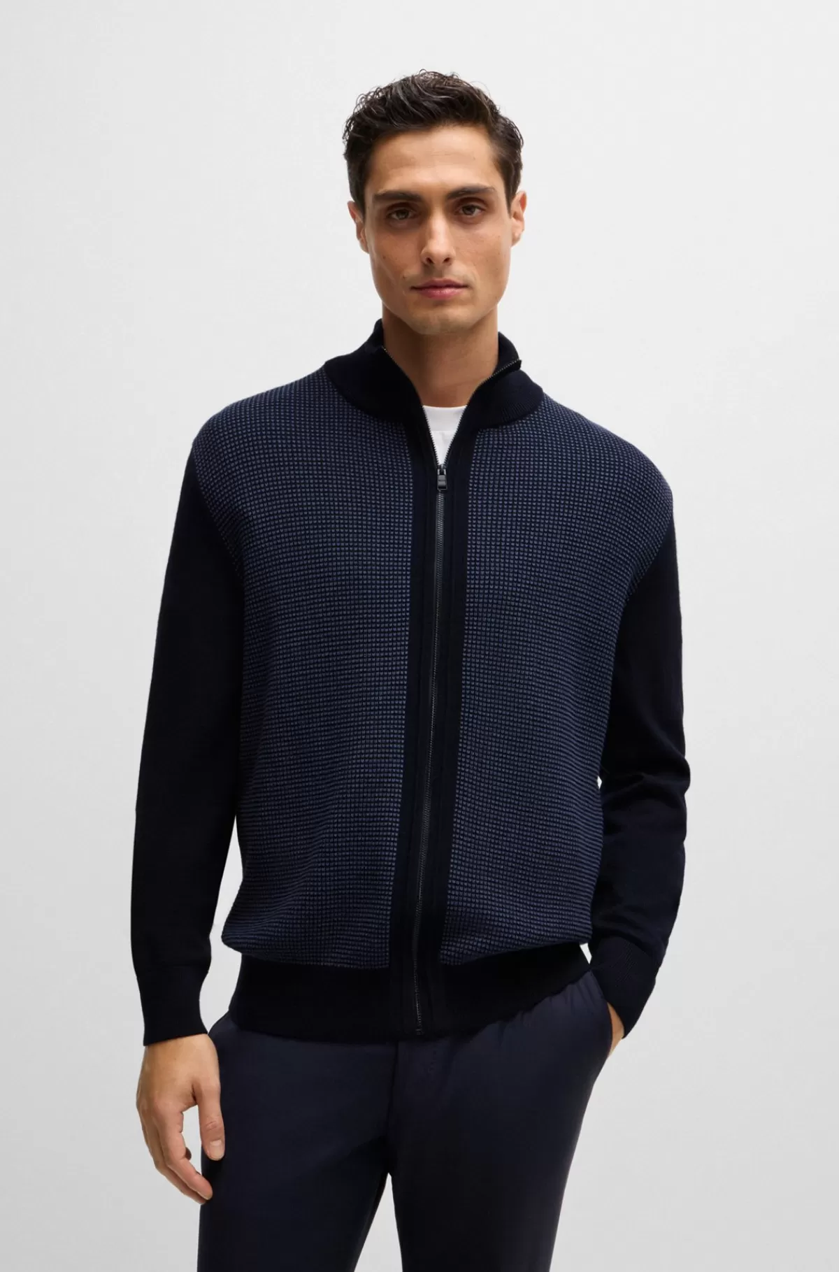 HUGO BOSS Cardigan I Ny Uld Med Lynlås Og Blandede Strukturer Mørkeblå Flash Sale