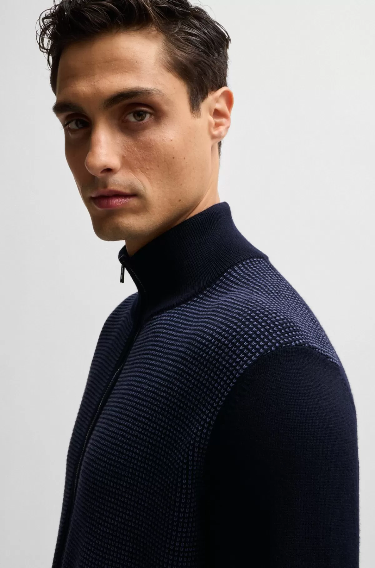 HUGO BOSS Cardigan I Ny Uld Med Lynlås Og Blandede Strukturer Mørkeblå Flash Sale