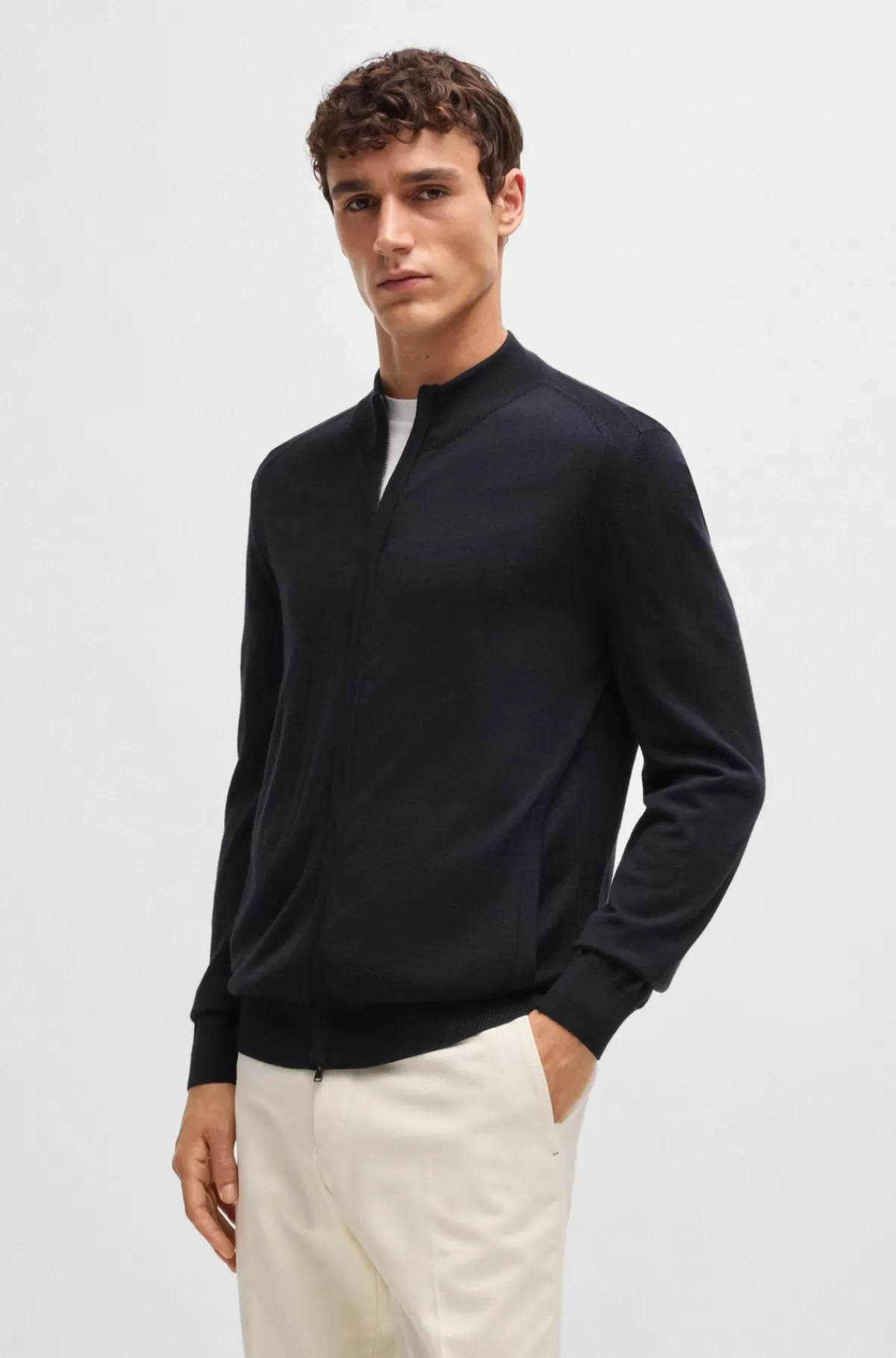 HUGO BOSS Cardigan I Uld, Silke Og Kashmir Med Lynlås Mørkeblå Discount