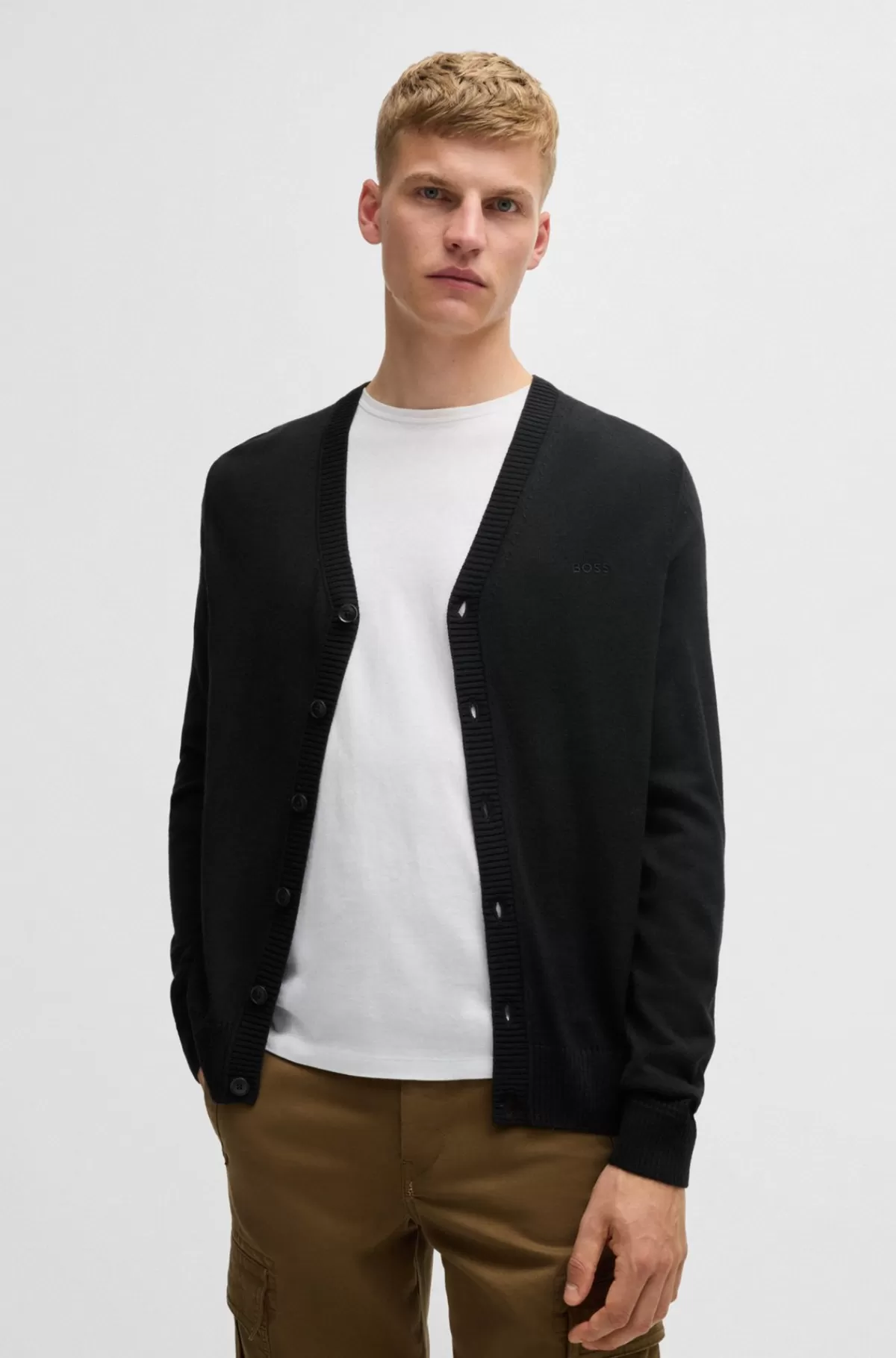 HUGO BOSS Cardigan I Uldblanding Med Regular Fit Og Broderet Logo Sort Outlet