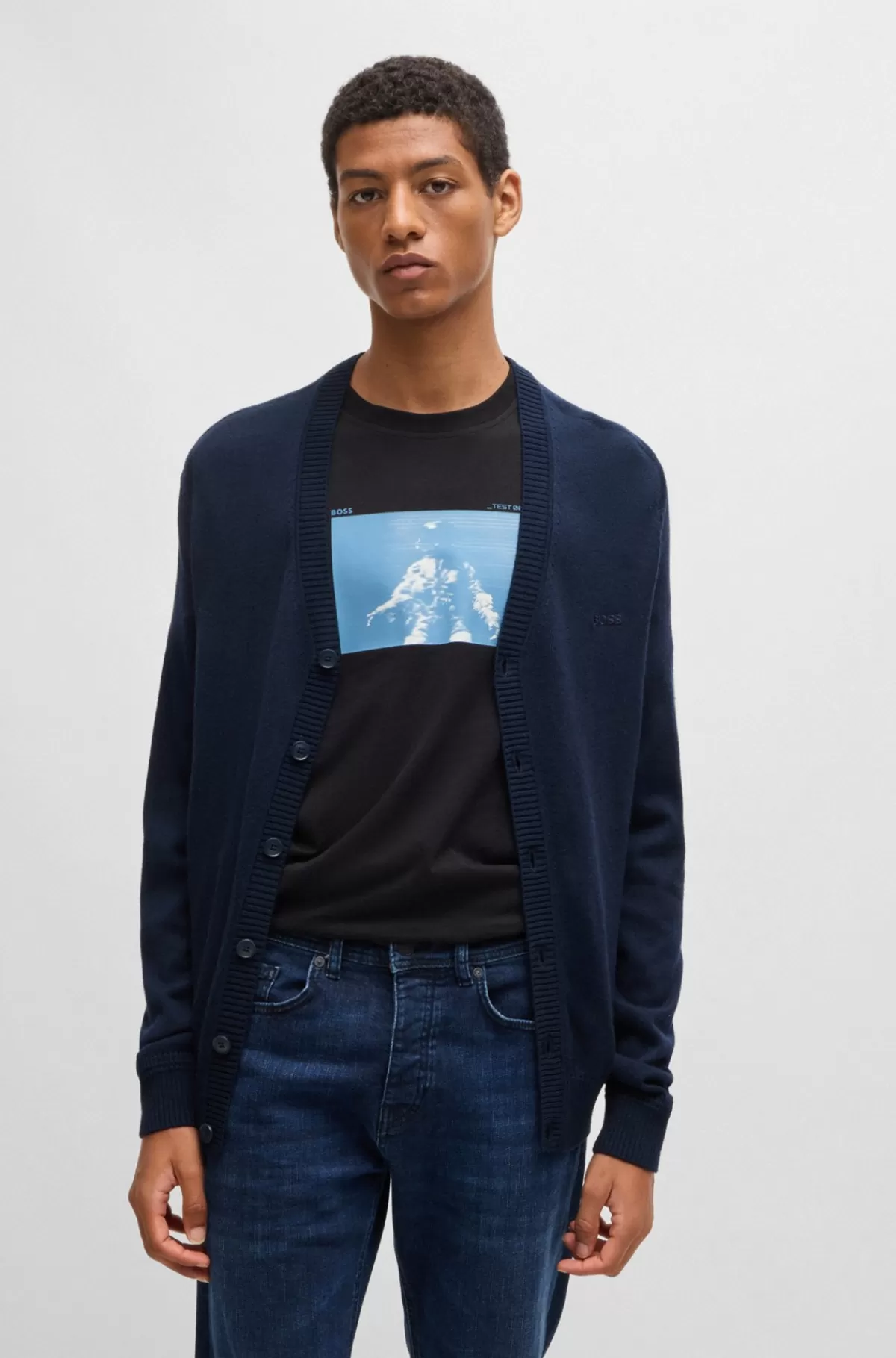 HUGO BOSS Cardigan I Uldblanding Med Regular Fit Og Broderet Logo Mørkeblå Best
