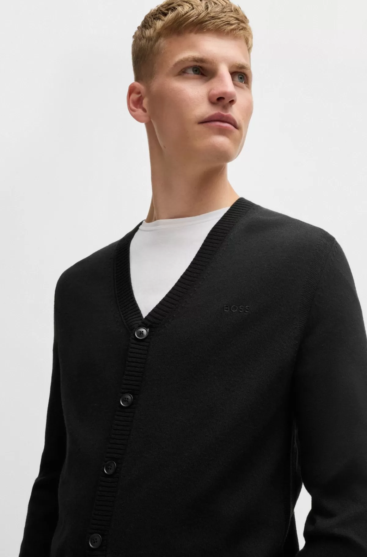 HUGO BOSS Cardigan I Uldblanding Med Regular Fit Og Broderet Logo Sort Outlet