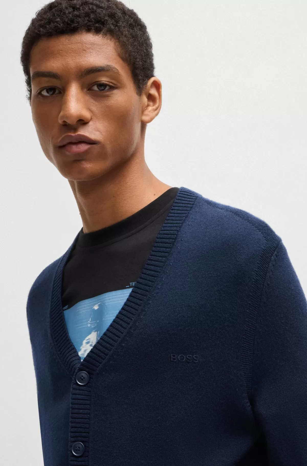 HUGO BOSS Cardigan I Uldblanding Med Regular Fit Og Broderet Logo Mørkeblå Best