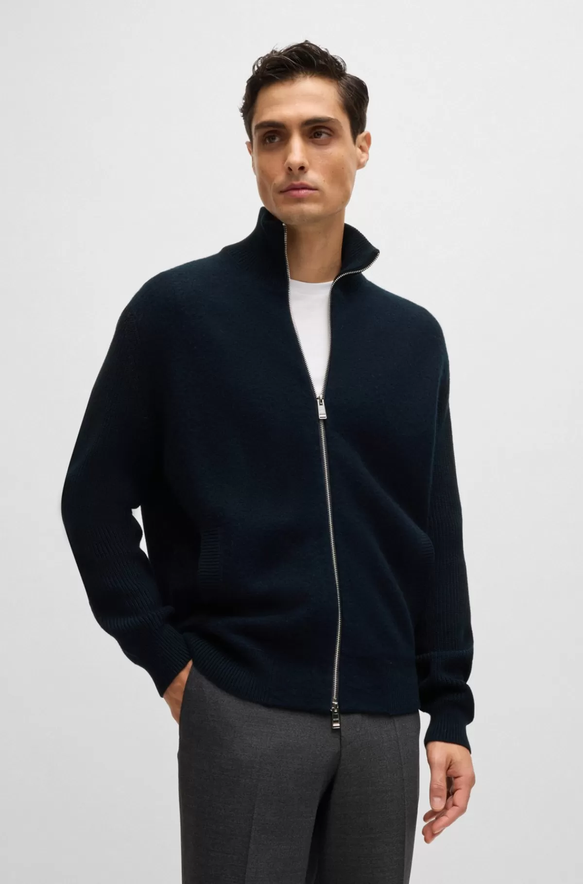 HUGO BOSS Cardigan Med Blandede Strukturer I Bomuld Og Uld Mørkeblå New