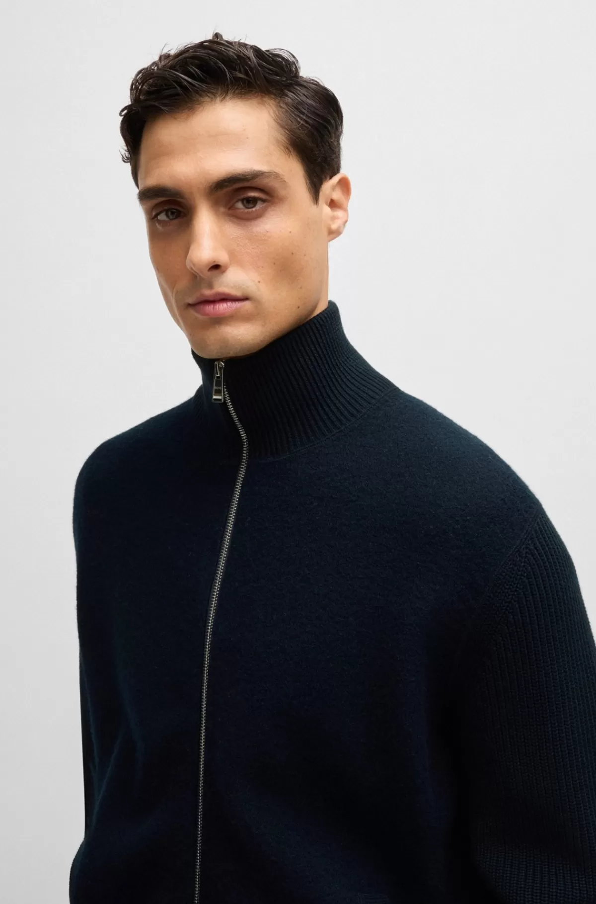 HUGO BOSS Cardigan Med Blandede Strukturer I Bomuld Og Uld Mørkeblå New