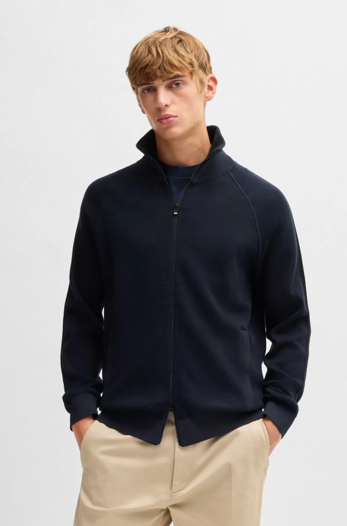 HUGO BOSS Cardigan Med Lynlås I Bomuld Og Ny Uld Mørkeblå Outlet