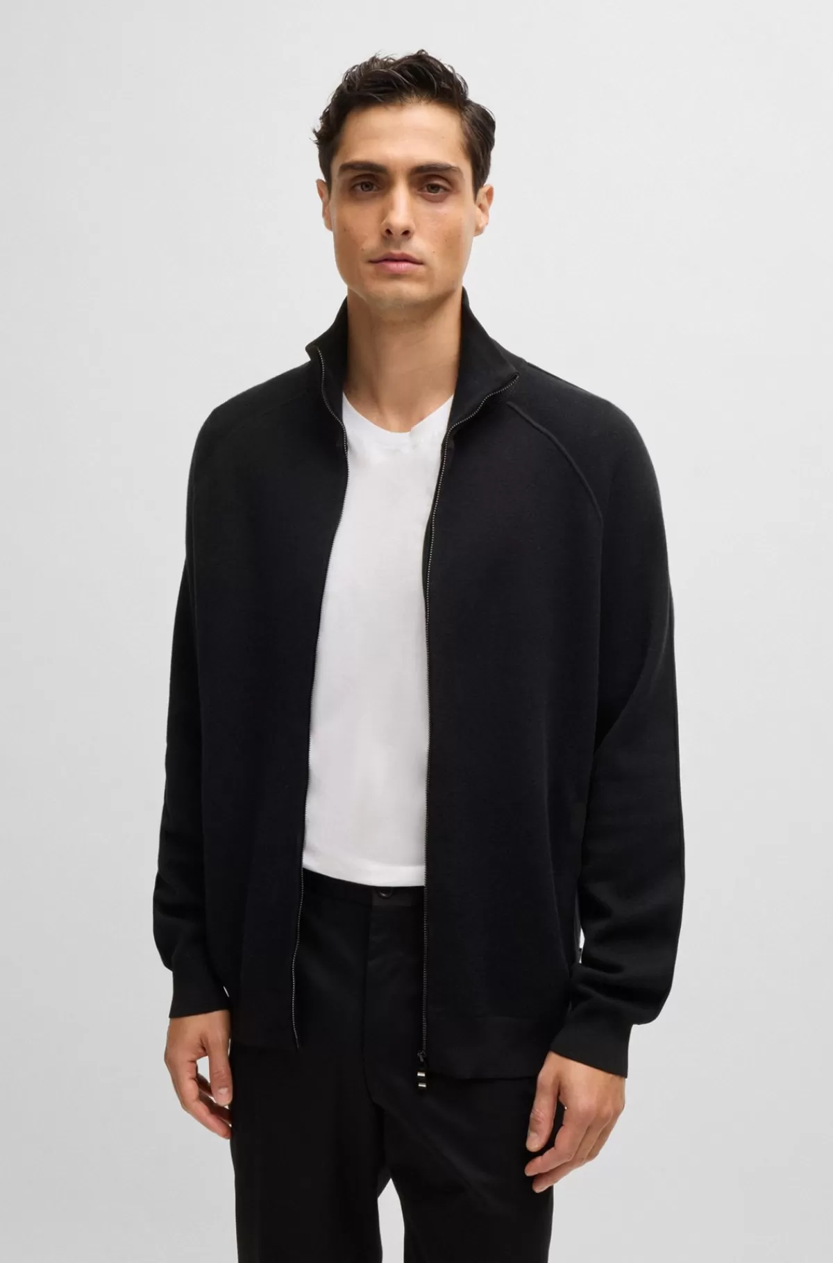HUGO BOSS Cardigan Med Lynlås I Bomuld Og Ny Uld Sort Flash Sale