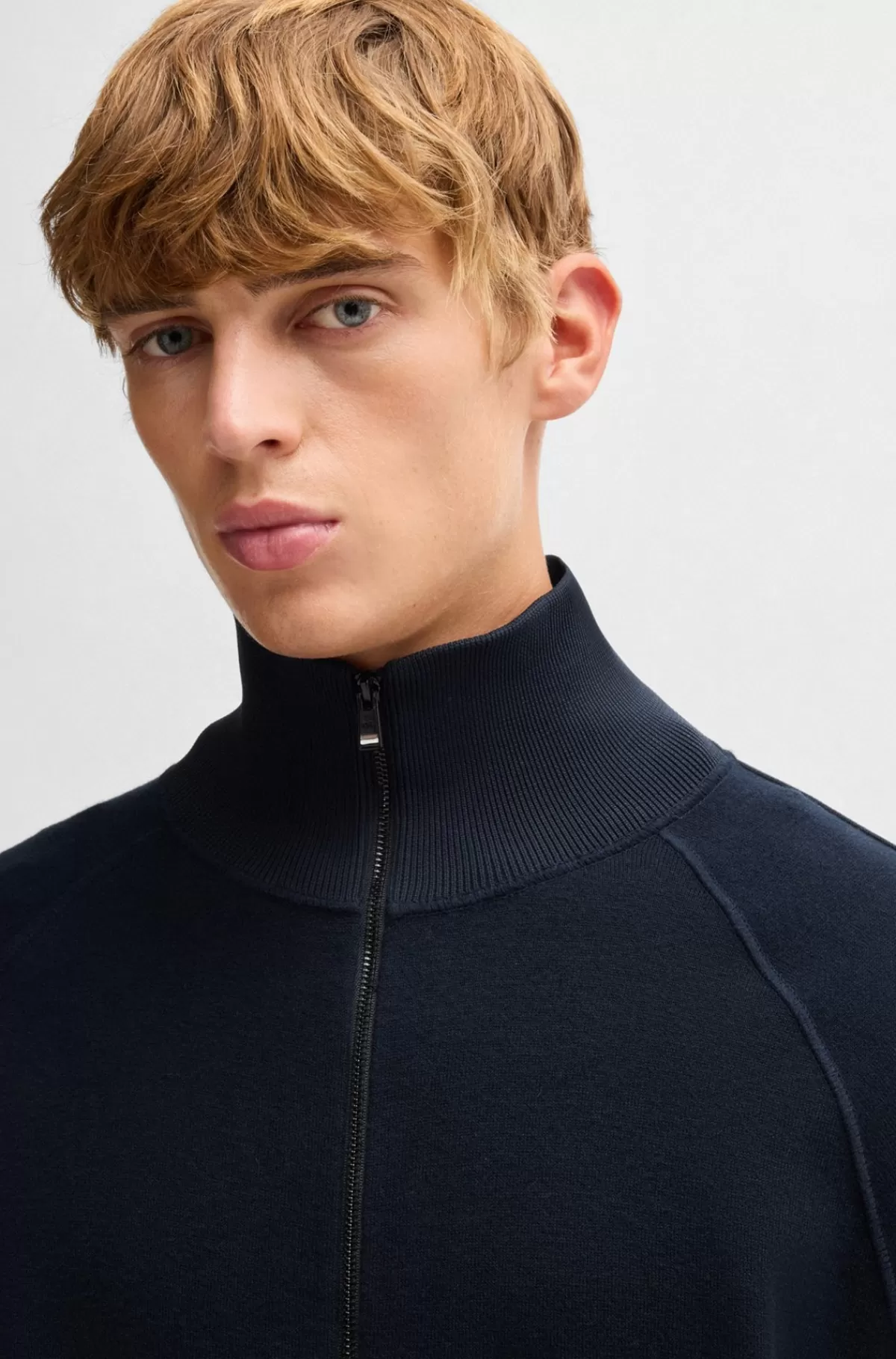 HUGO BOSS Cardigan Med Lynlås I Bomuld Og Ny Uld Mørkeblå Outlet