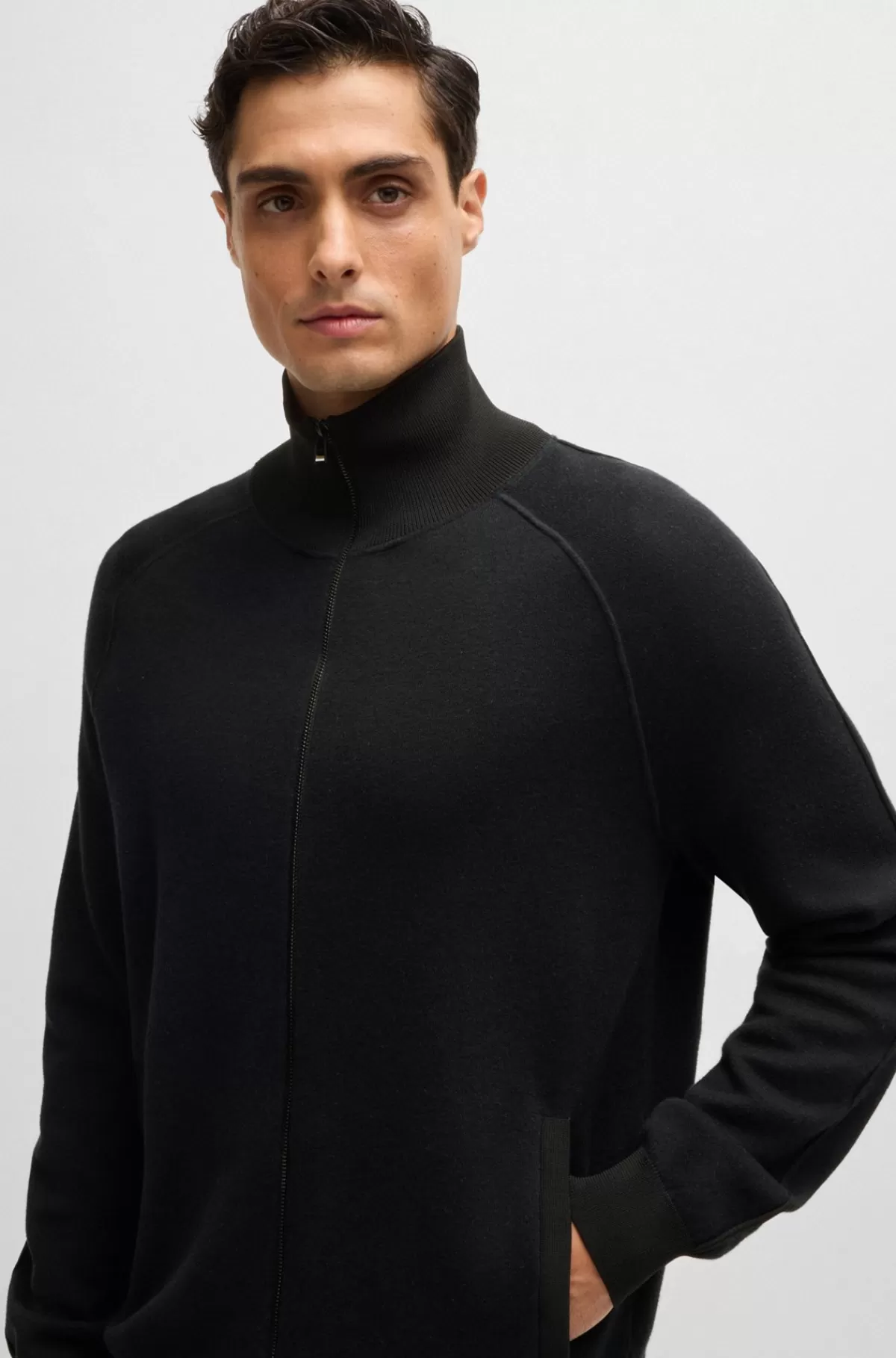 HUGO BOSS Cardigan Med Lynlås I Bomuld Og Ny Uld Sort Flash Sale