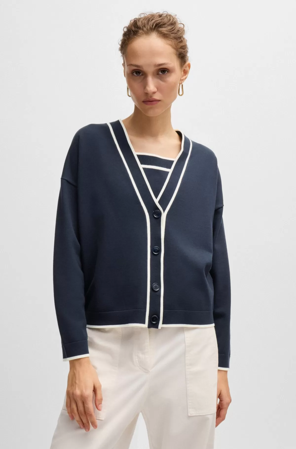 HUGO BOSS Cardigan Med V-hals Og Knaplukning I Stof Med Stræk Mørkeblå Outlet