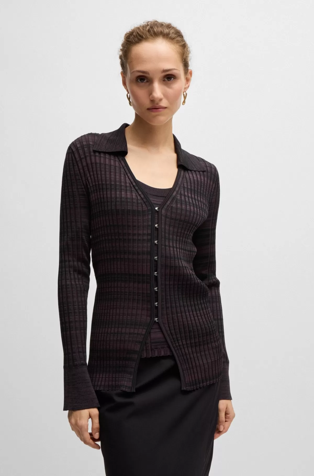 HUGO BOSS Cardigan Med V-hals Og Krave I Ribbet Stof Med Stræk Mørklilla Best