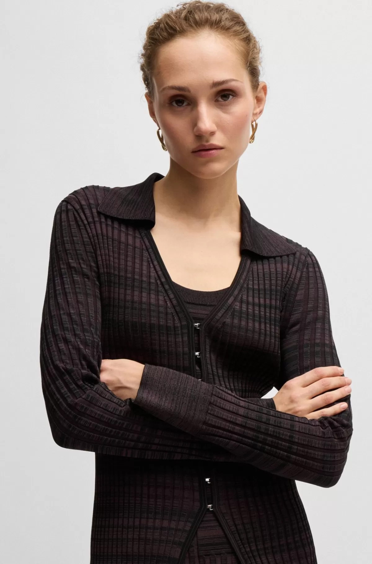 HUGO BOSS Cardigan Med V-hals Og Krave I Ribbet Stof Med Stræk Mørklilla Best