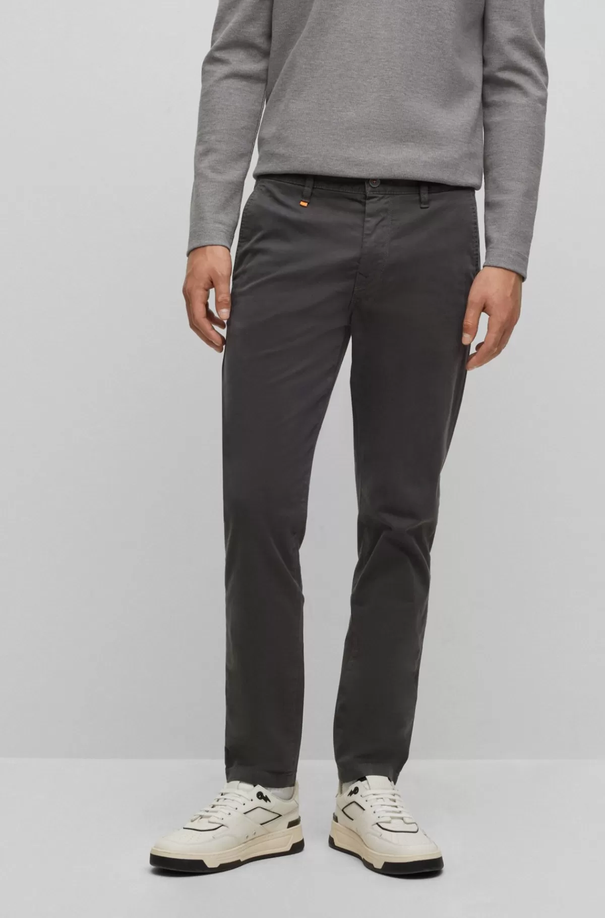 HUGO BOSS Chinos Med Pasform Med Slank Ankel I Overfarvet, Strækbar Bomuldssatin Mørkegrå Sale