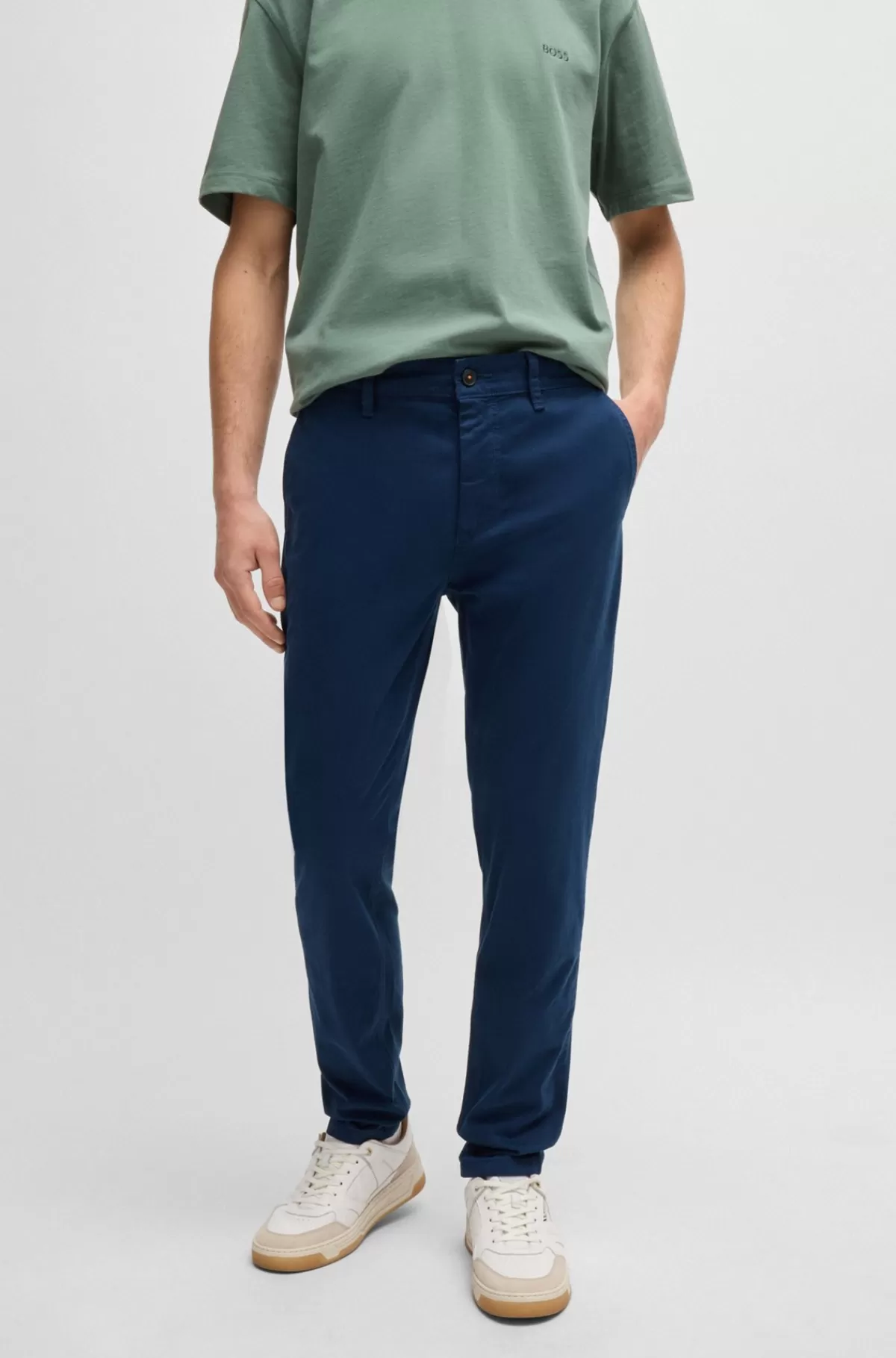 HUGO BOSS Chinos Med Tapered Fit I Bomuldssatin Med Stræk Blå Outlet