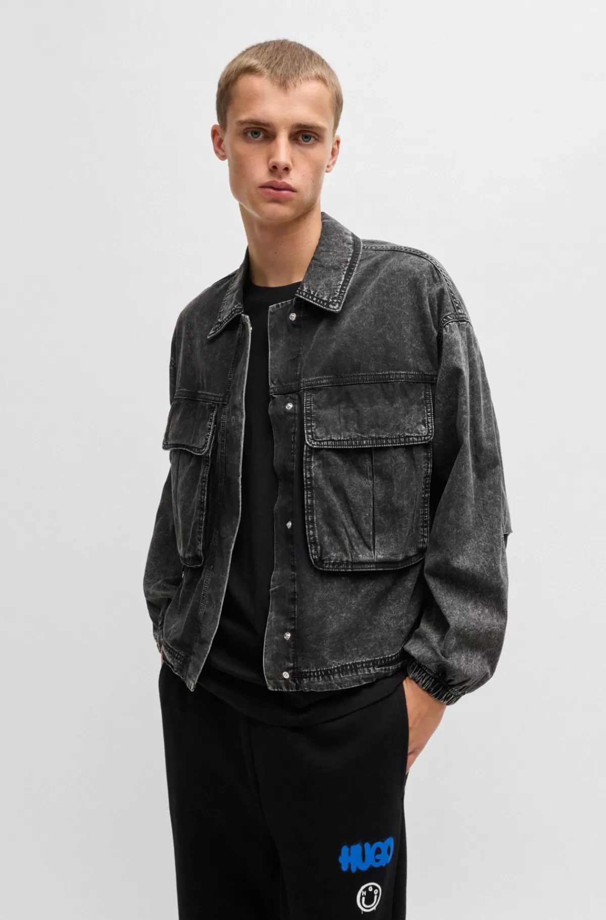 HUGO BOSS Cropped Bomberjakke I Sort Denim Uden Stræk Mørkegrå Outlet