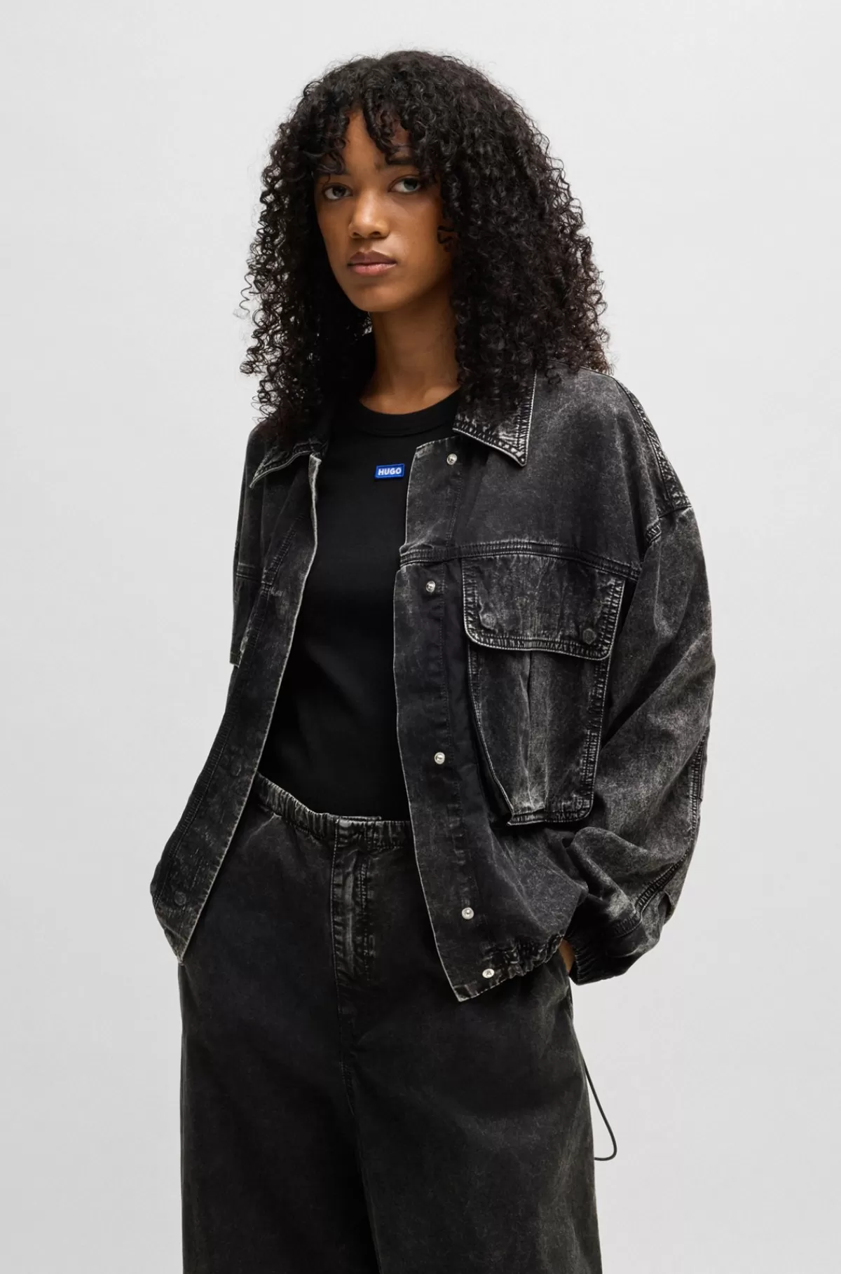 HUGO BOSS Cropped Bomberjakke I Sort Denim Uden Stræk Mørkegrå Outlet