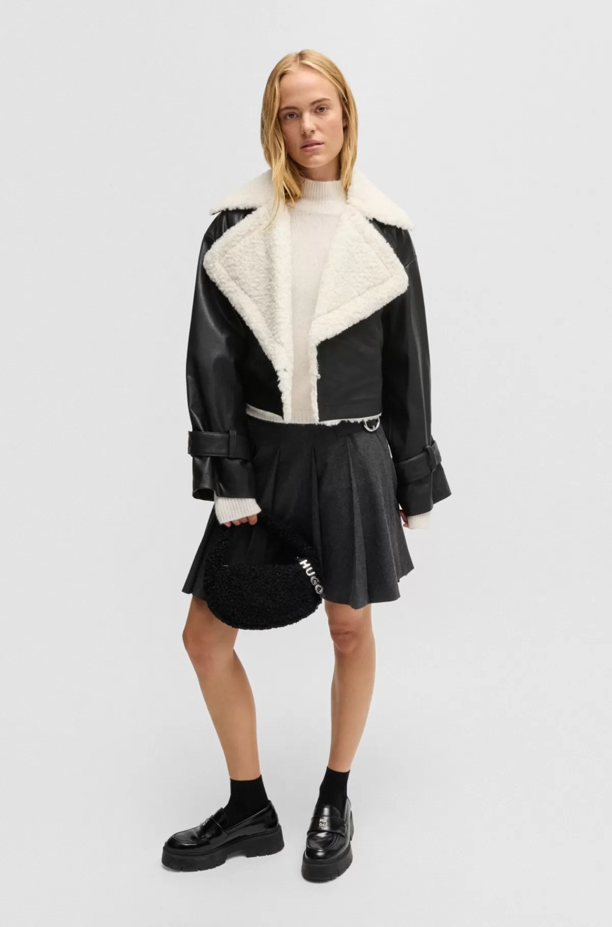 HUGO BOSS Cropped Jakke Med Relaxed Fit I Imiteret Læder Sort Outlet