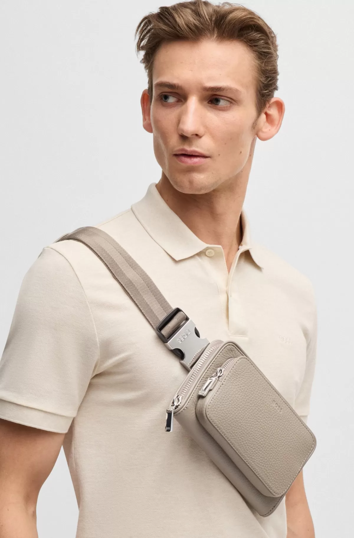 HUGO BOSS Crossbody-taske I Italiensk Læder Med Signaturdetaljer Beige Flash Sale